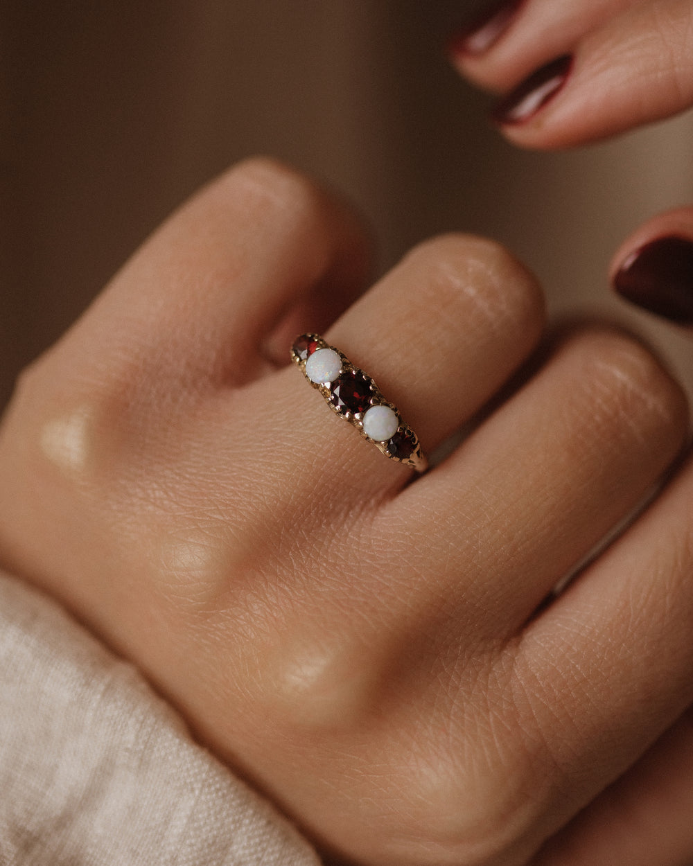 Lavinia Vintage 9ct Gold Opal & Garnet Five Stone Ring