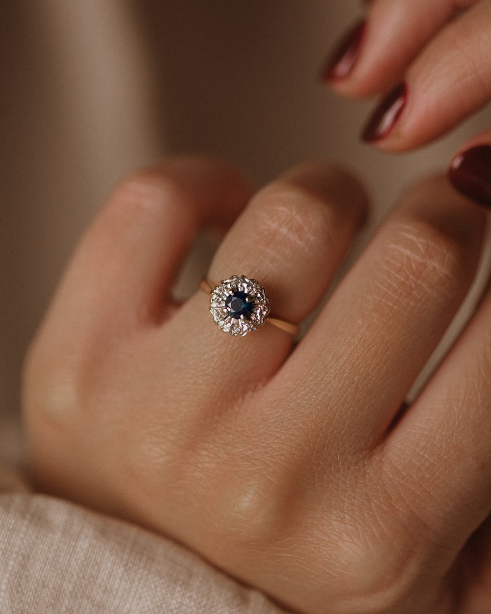 Norah 1969 Vintage 18ct Gold Sapphire & Diamond Cluster Ring