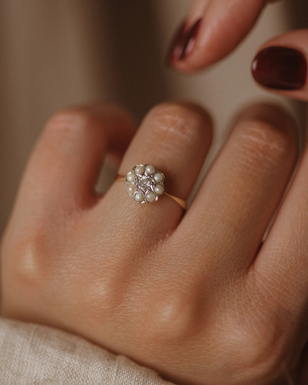 Eloisa Antique 18ct Gold Diamond & Pearl Cluster Ring