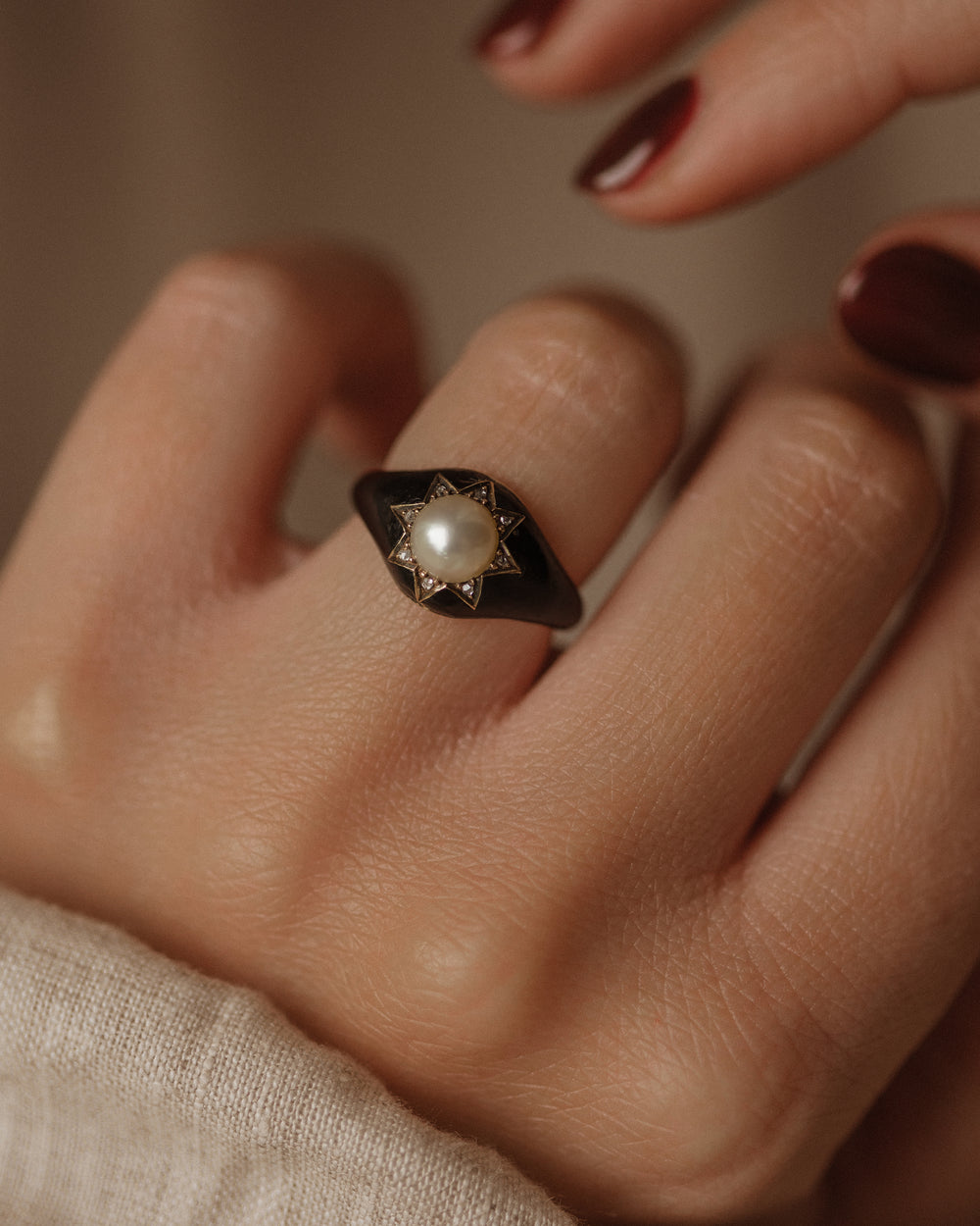 Sybil 1869 Antique 18ct Gold Pearl, Diamond & Black Enamel Mourning Ring
