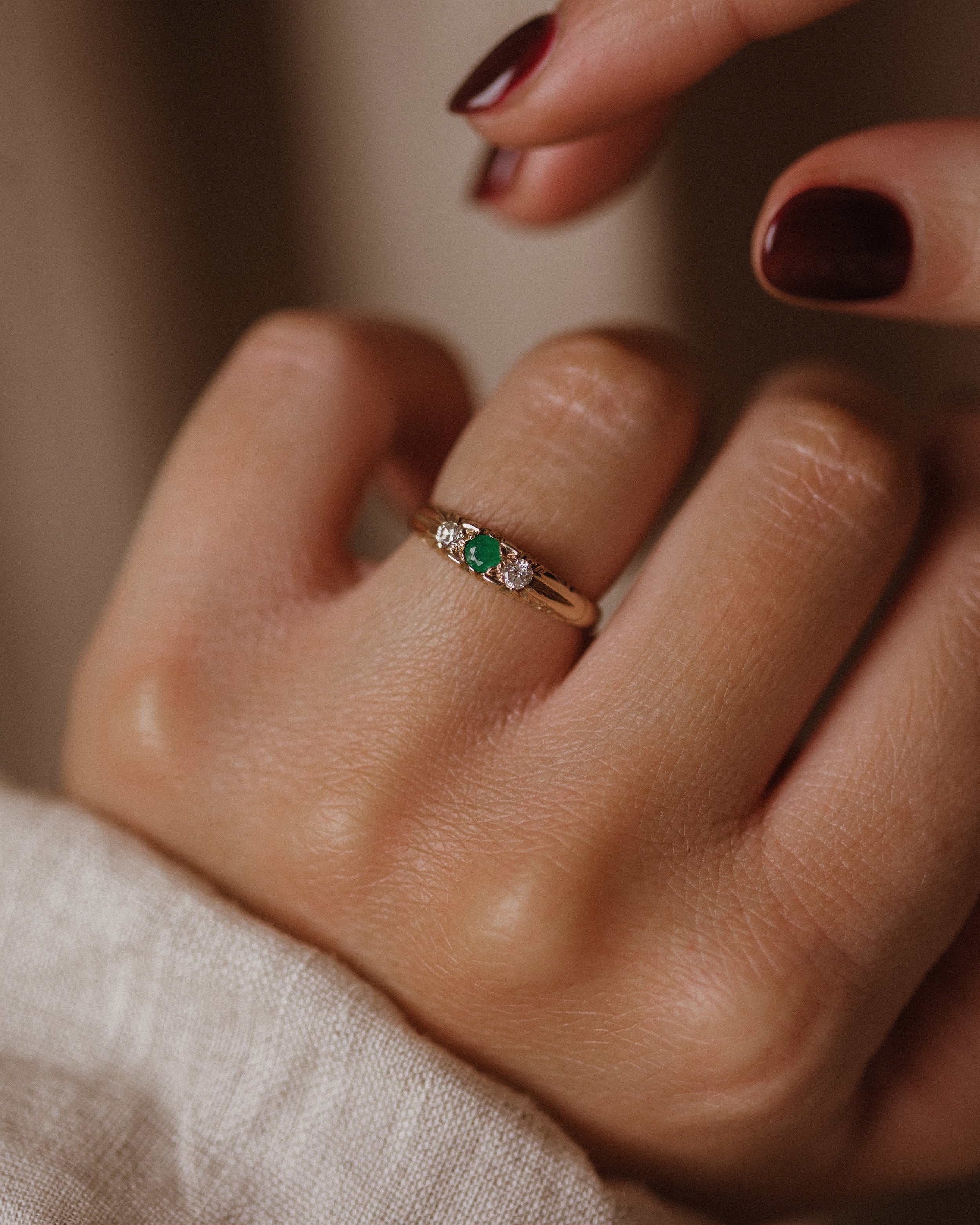Freda Vintage 9ct Gold Emerald & Diamond Trilogy Ring
