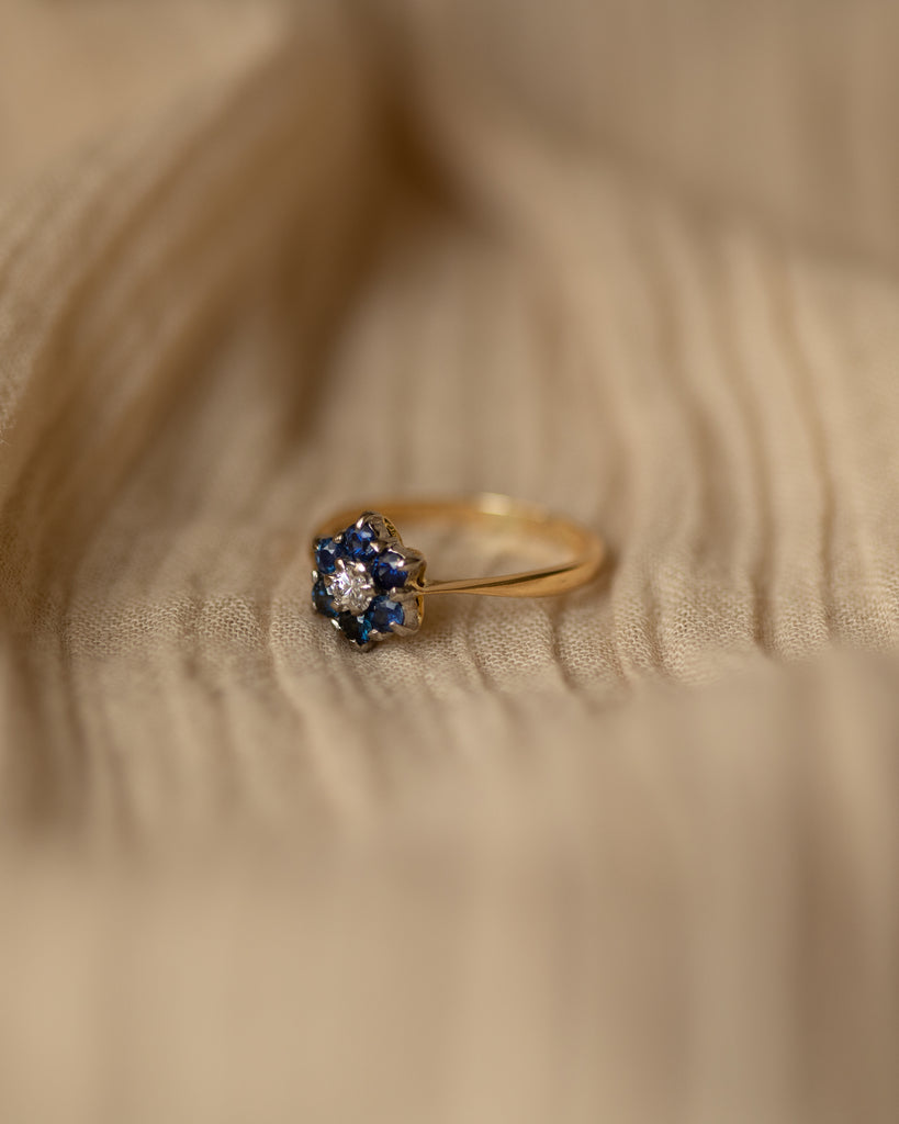 Mary 1965 Vintage 18ct Gold Sapphire & Diamond Flower Cluster Ring