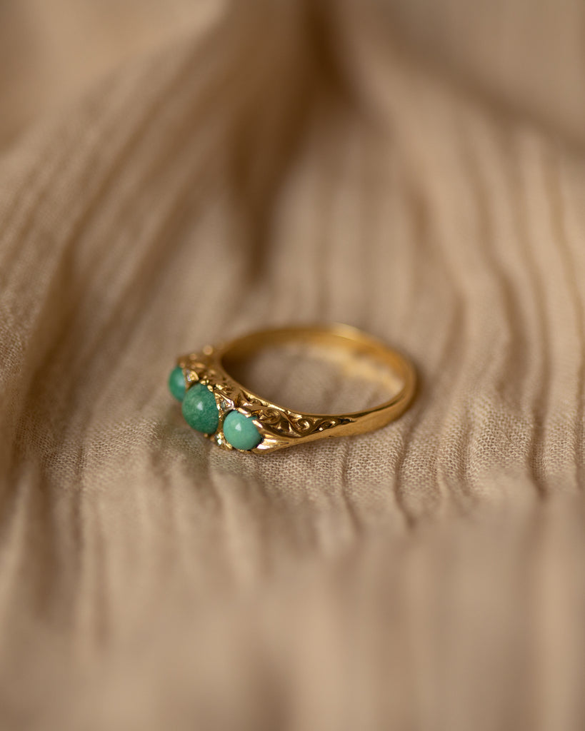 Irene 1975 Vintage 18ct Gold Turquoise & Diamond Trilogy Ring