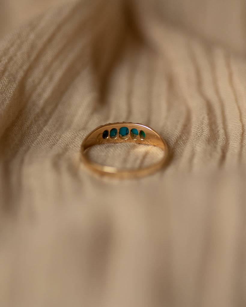 June Antique 9ct Gold Turquoise Five Stone Ring