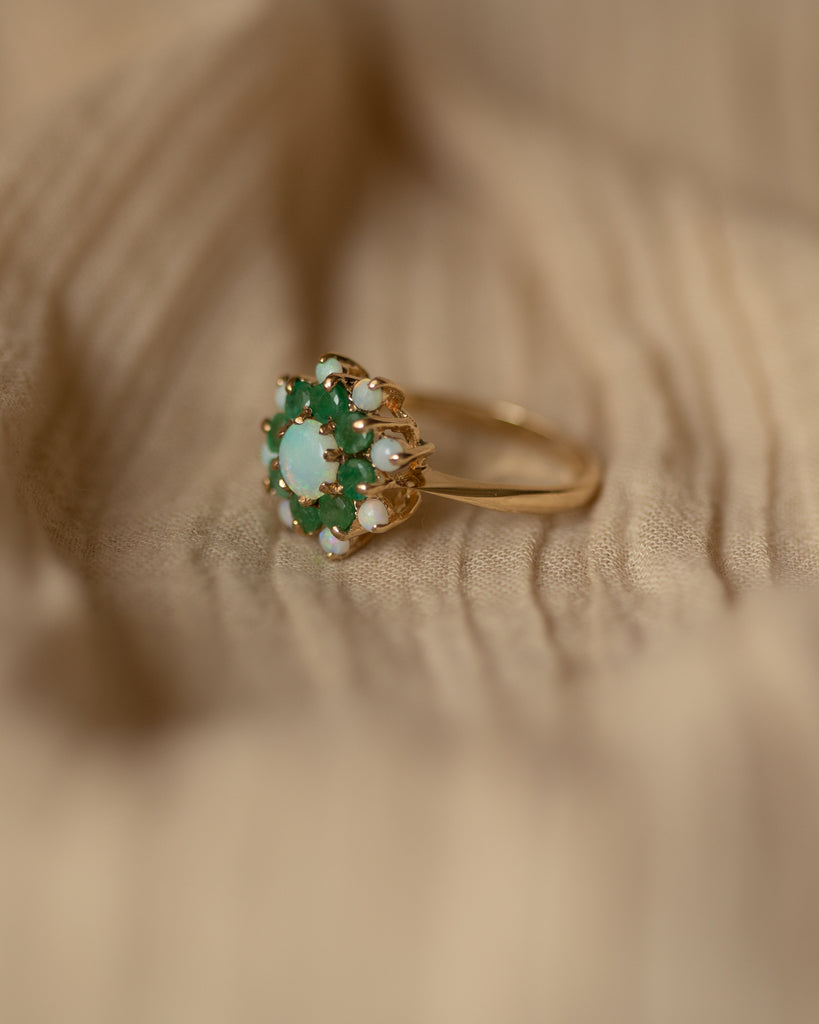 Stella 1985 Vintage 9ct Gold Opal & Emerald Cluster Ring