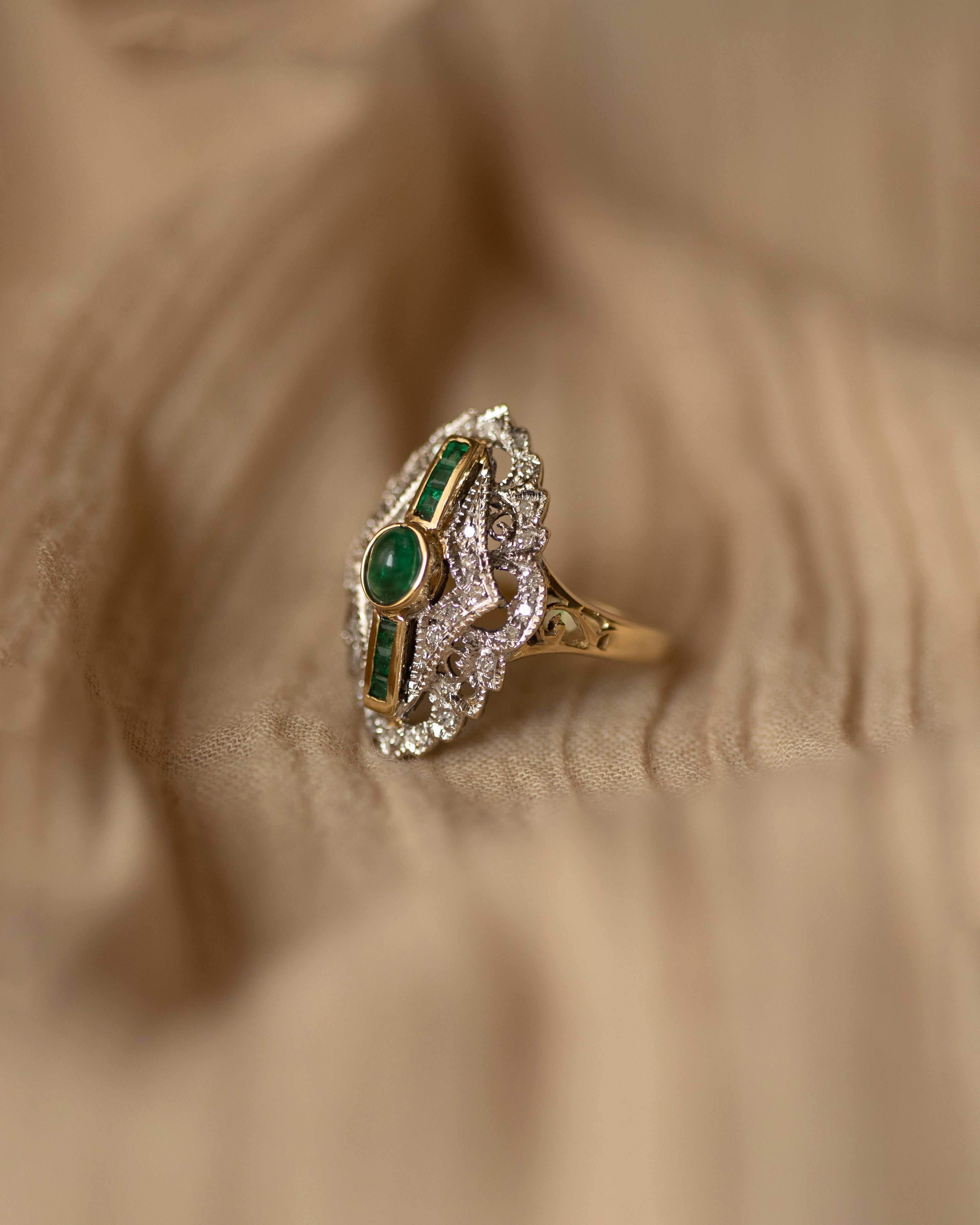 Marina Vintage 14ct Gold Emerald & Diamond Navette Ring