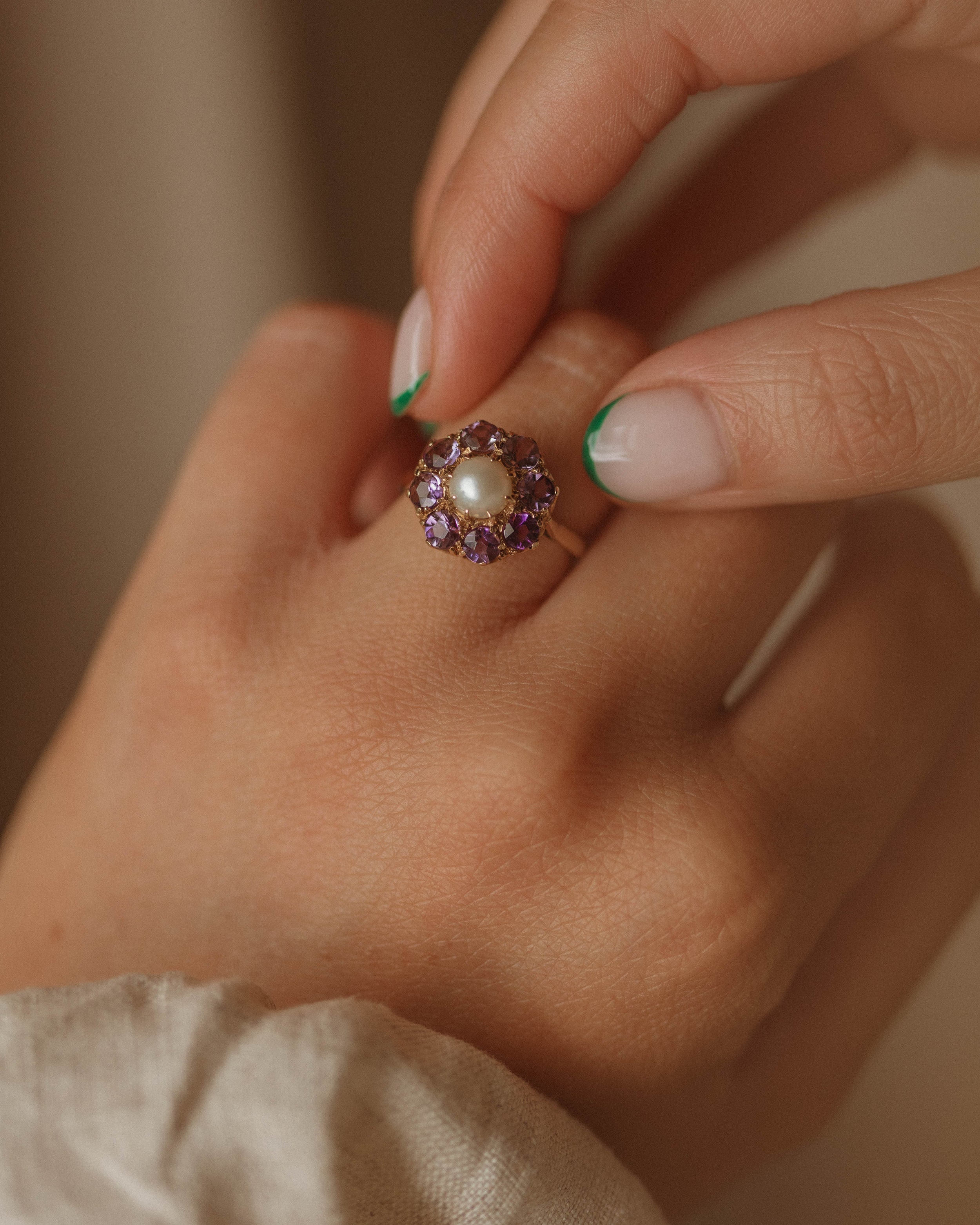 Lissie Vintage 9ct Gold Amethyst & Pearl Cluster Ring