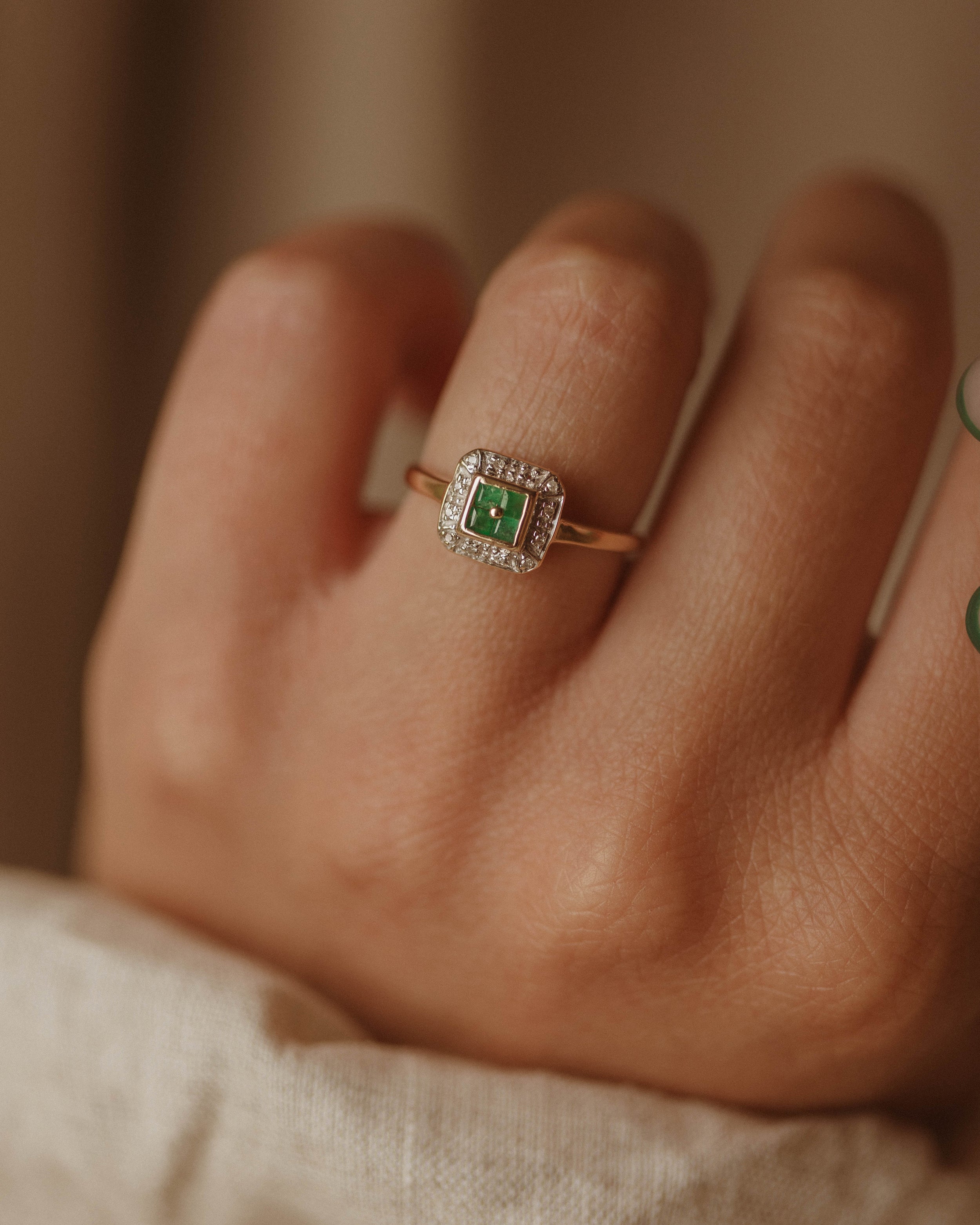Image of Grace Vintage 9ct Gold Emerald & Diamond Ring