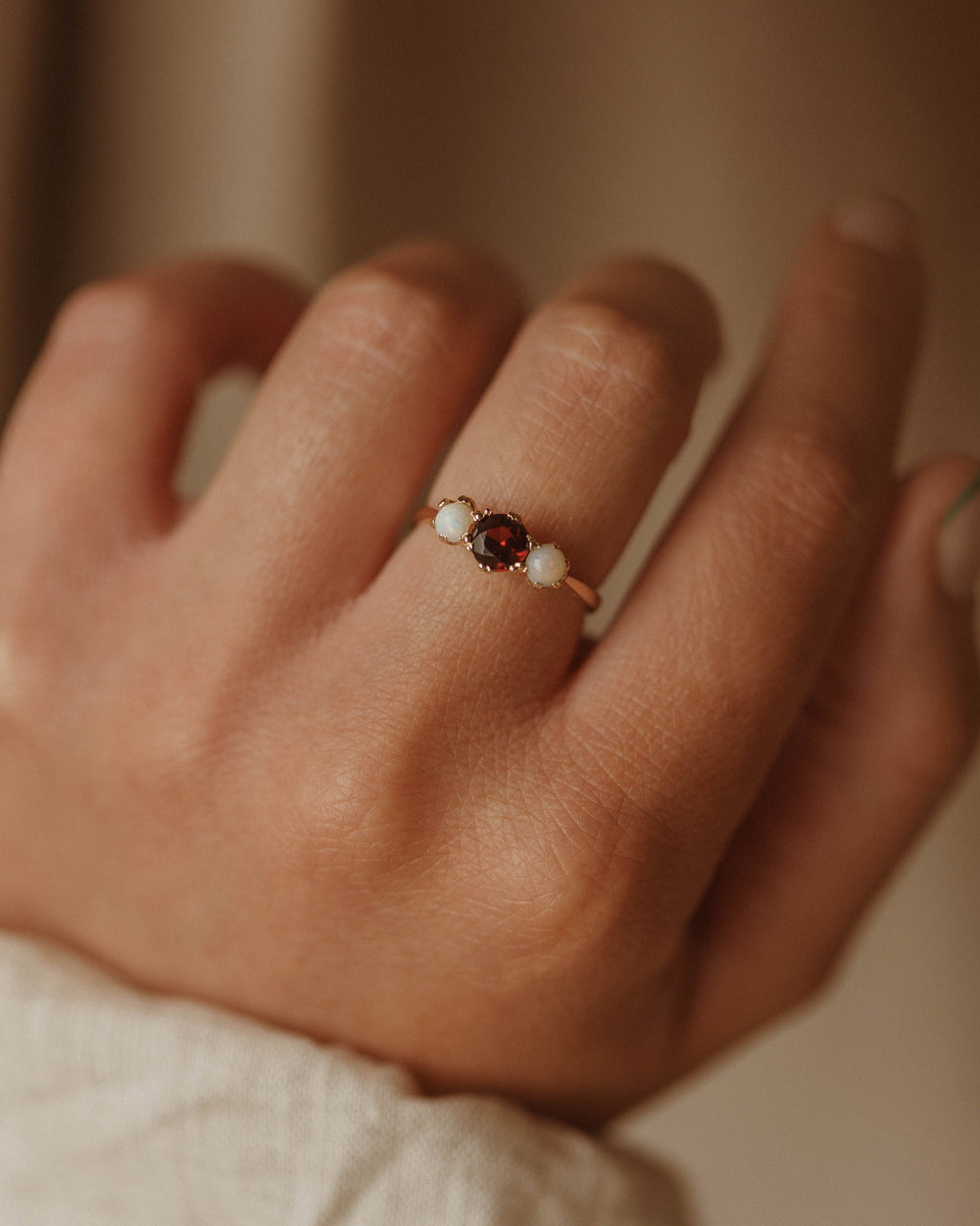 Iris 1969 9ct Gold Garnet & Opal Trilogy Ring
