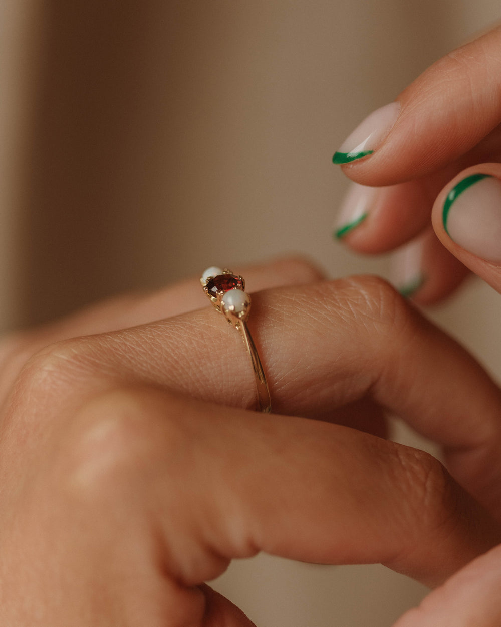 Iris 1969 9ct Gold Garnet & Opal Trilogy Ring