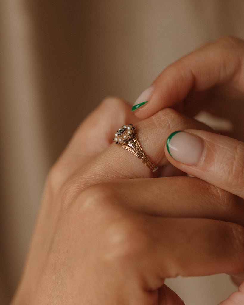 Evelina Antique Georgian Onyx, Enamel & Pearl Ring