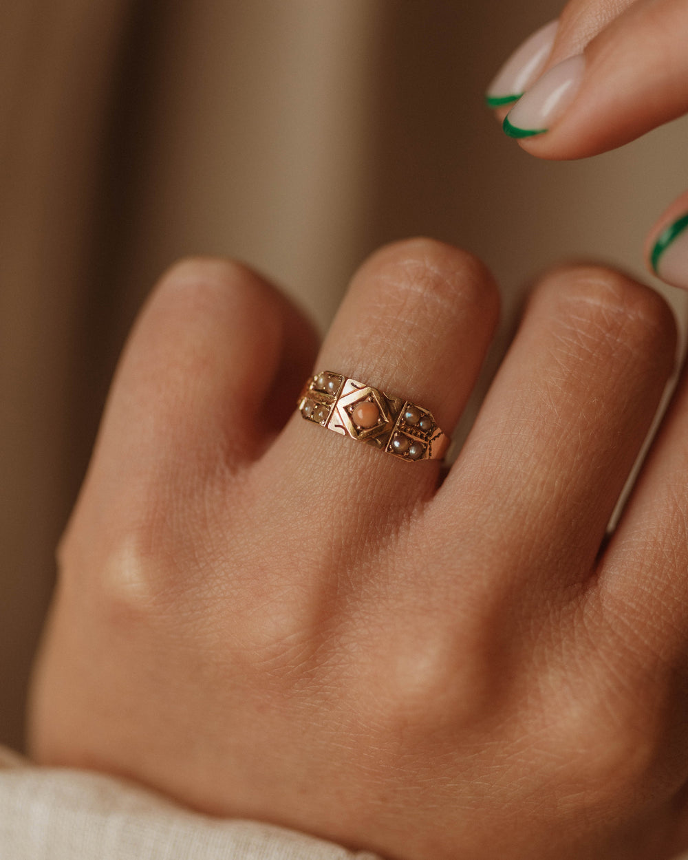 Kitty 1885 Victorian 15ct Gold Coral & Pearl Ring