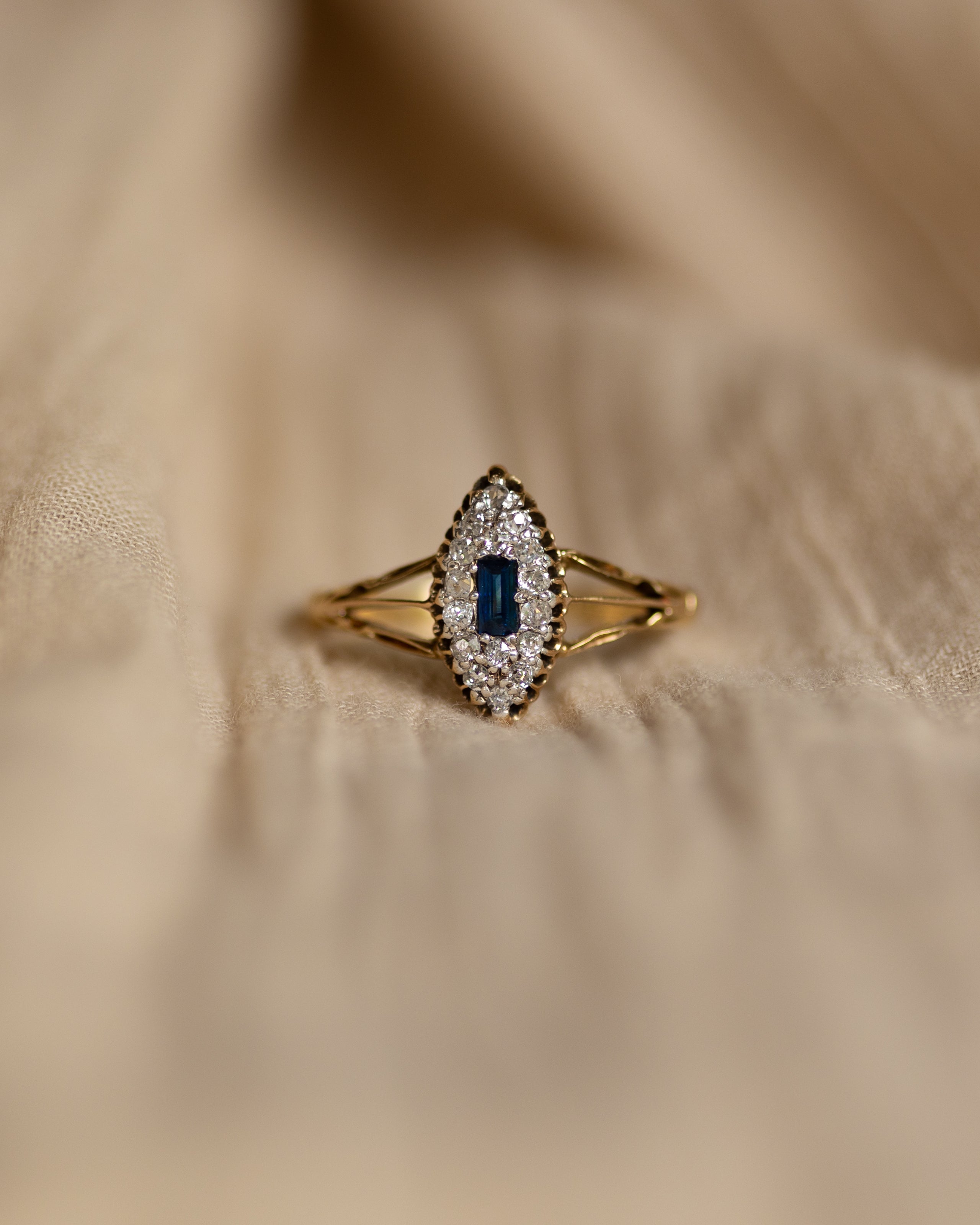 Image of Anais Antique 18ct Gold Sapphire & Diamond Navette Ring