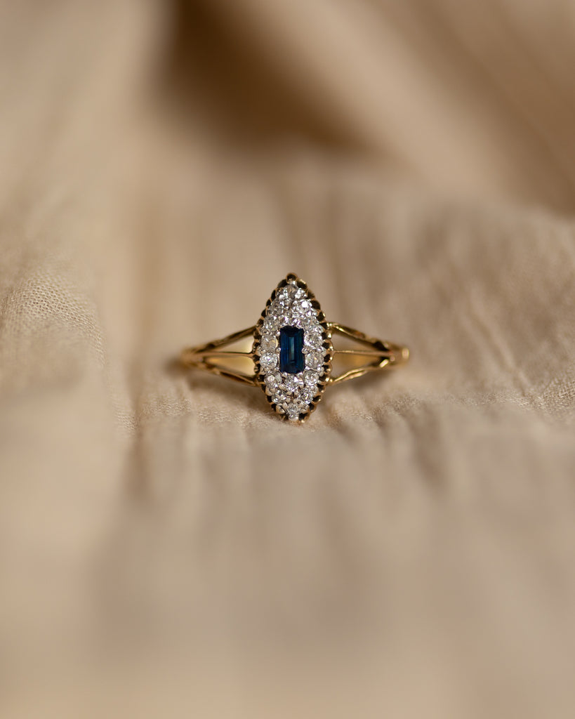 Anais Antique 18ct Gold Sapphire & Diamond Navette Ring
