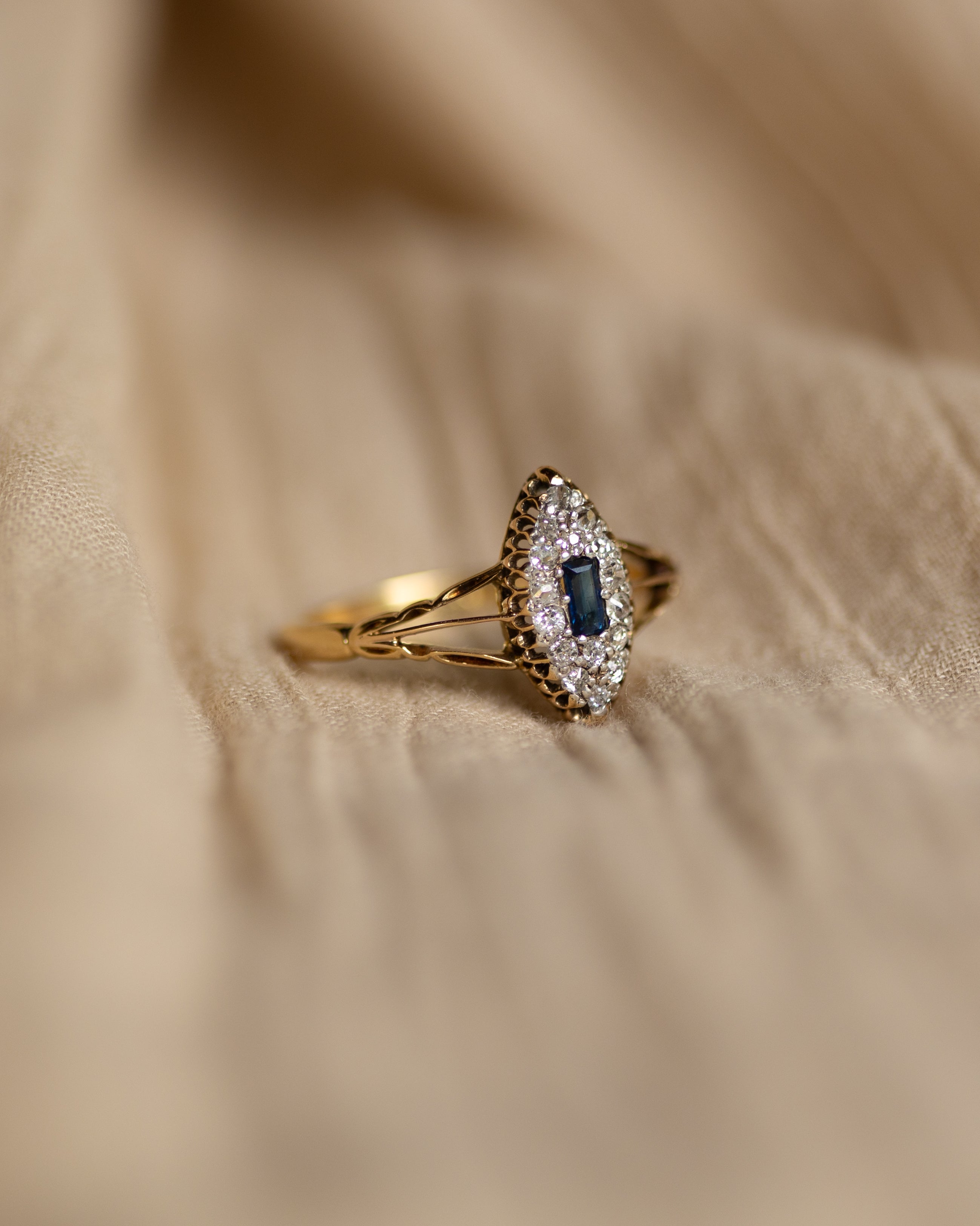 Anais Antique 18ct Gold Sapphire & Diamond Navette Ring