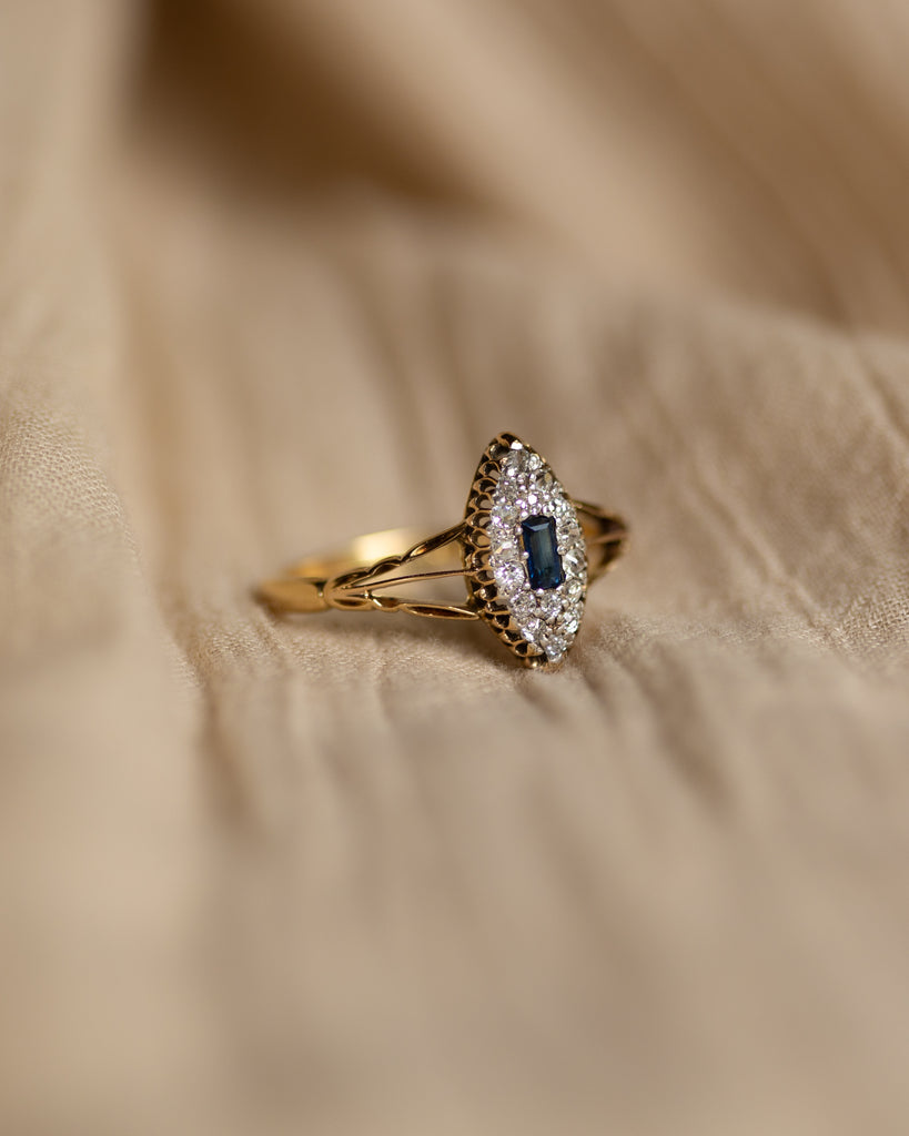 Anais Antique 18ct Gold Sapphire & Diamond Navette Ring