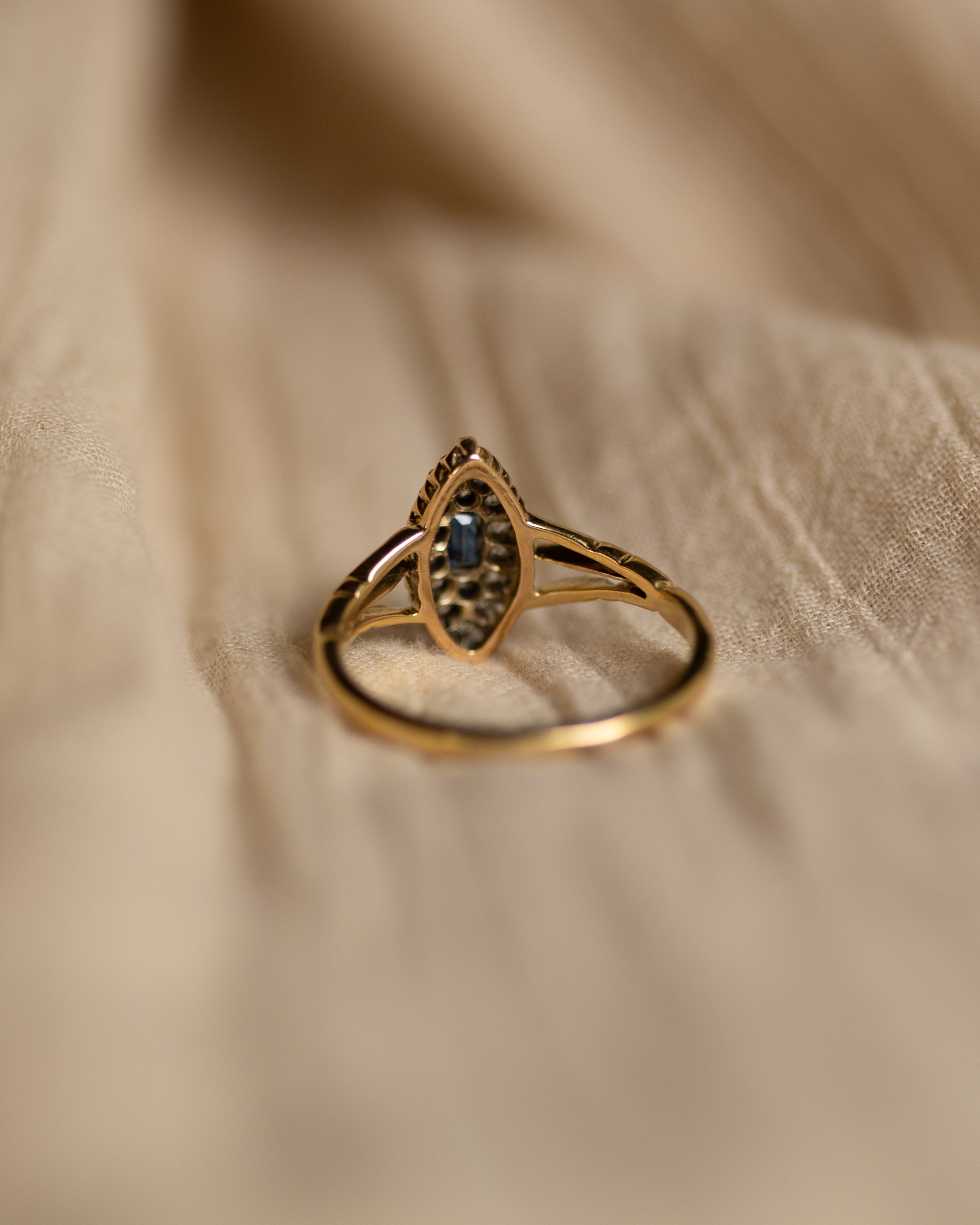 Anais Antique 18ct Gold Sapphire & Diamond Navette Ring