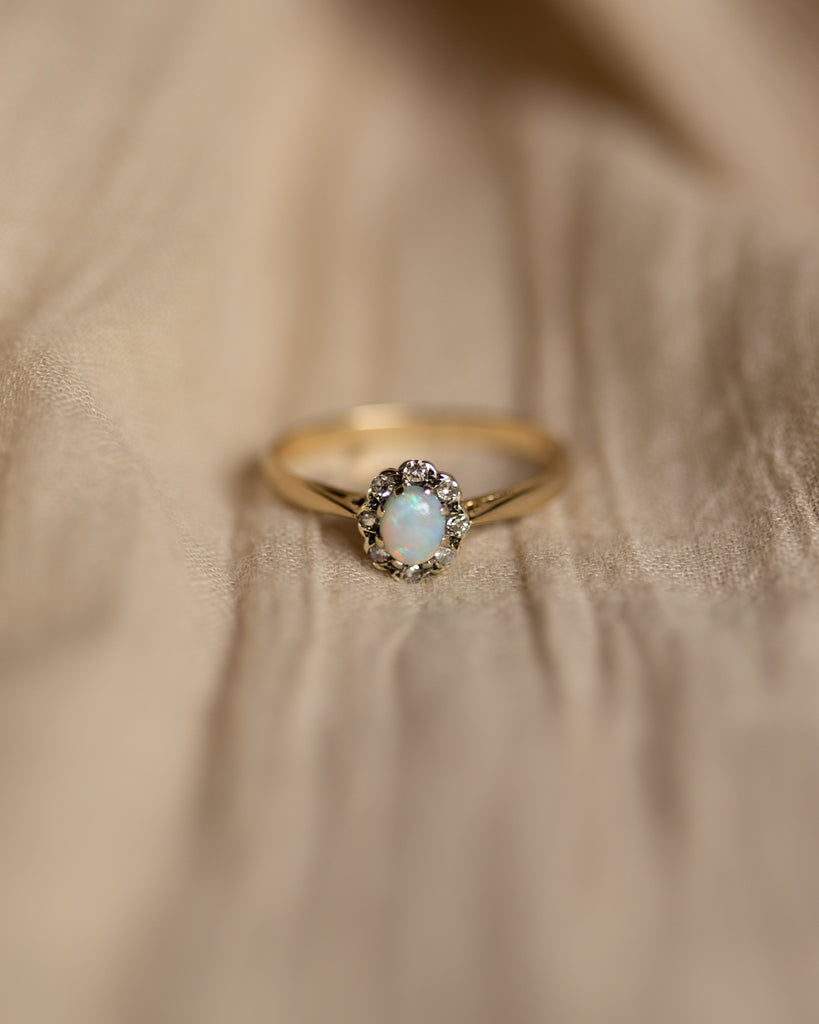 Maude 1983 Vintage 9ct Gold Opal & Diamond Cluster Ring