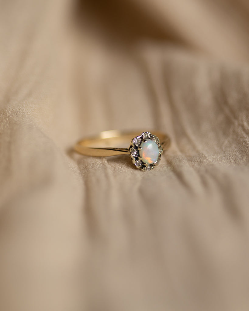 Maude 1983 Vintage 9ct Gold Opal & Diamond Cluster Ring