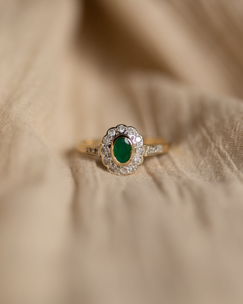Alma Vintage 9ct Gold Emerald & Diamond Cluster Ring
