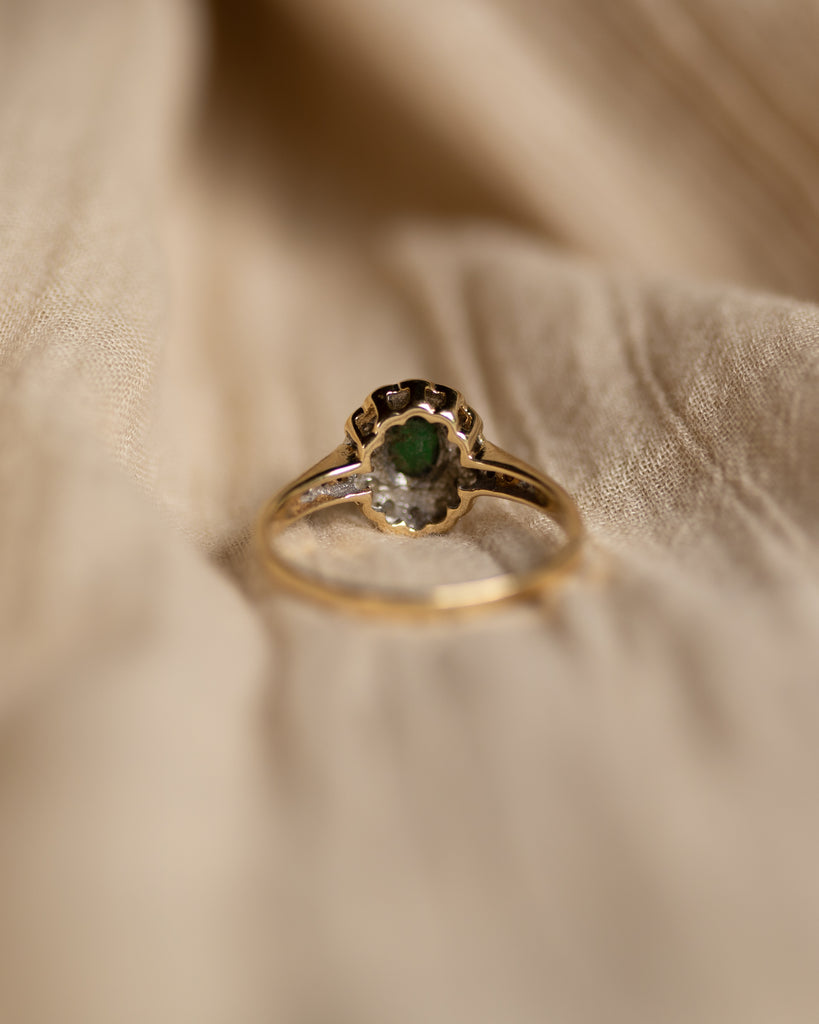 Alma Vintage 9ct Gold Emerald & Diamond Cluster Ring