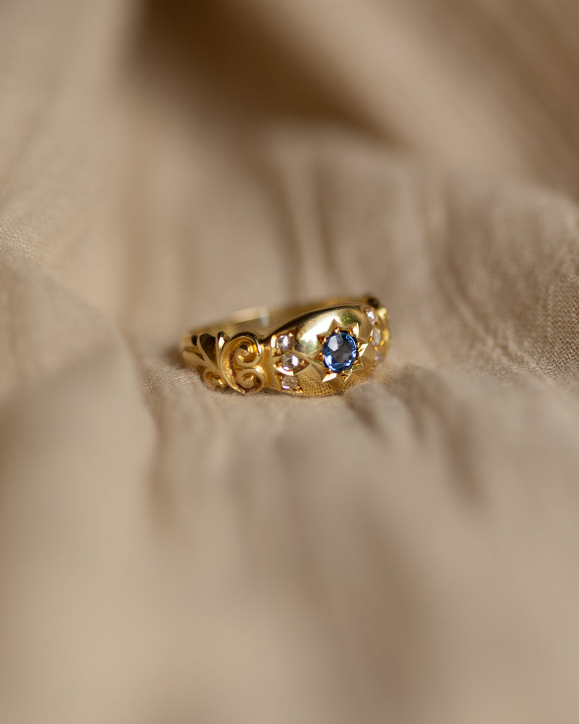 Dahlia 1898 Antique 15ct Gold Sapphire & Diamond Seven Stone Ring