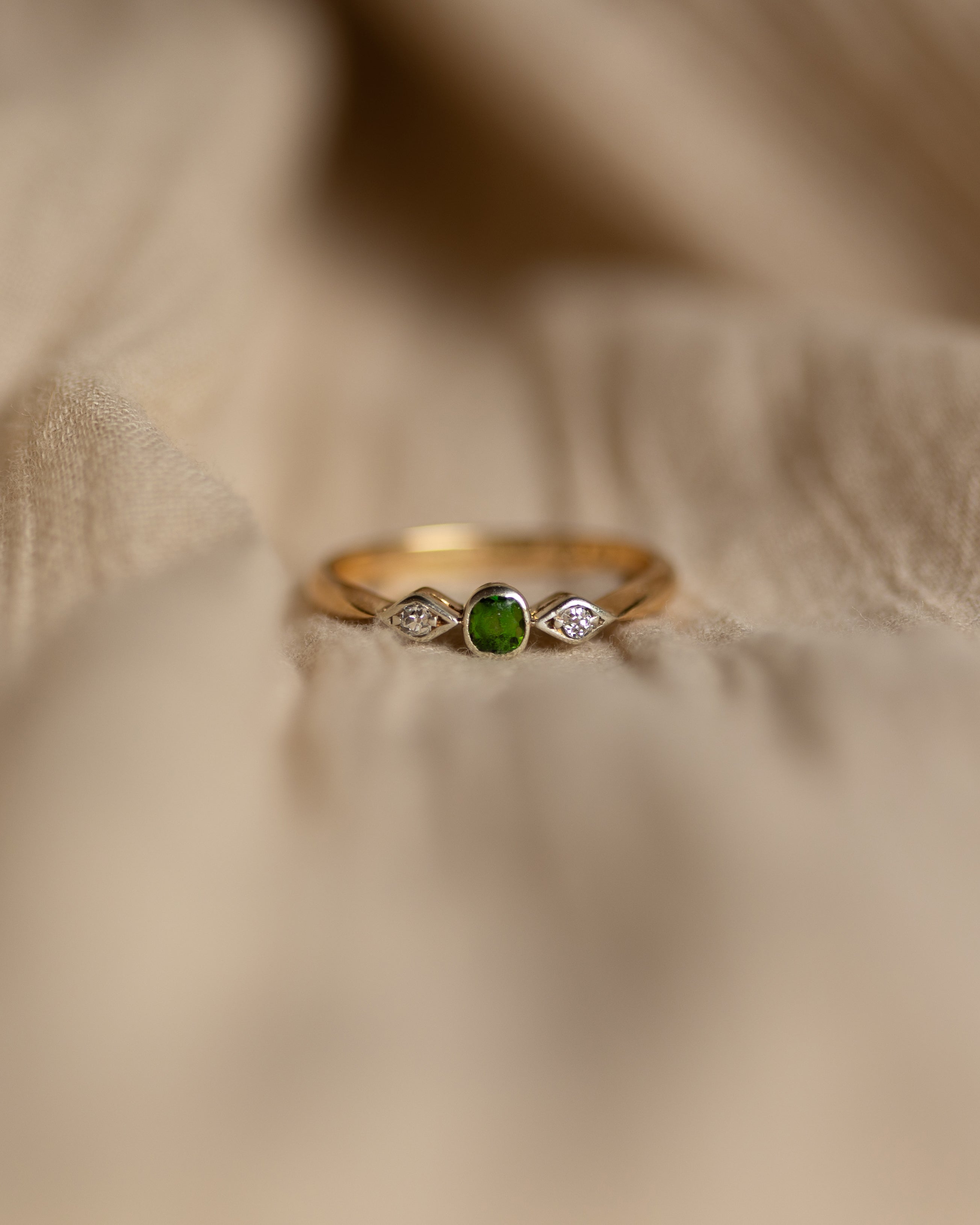 Ottiline Antique 18ct Gold Peridot & Diamond Trilogy Ring