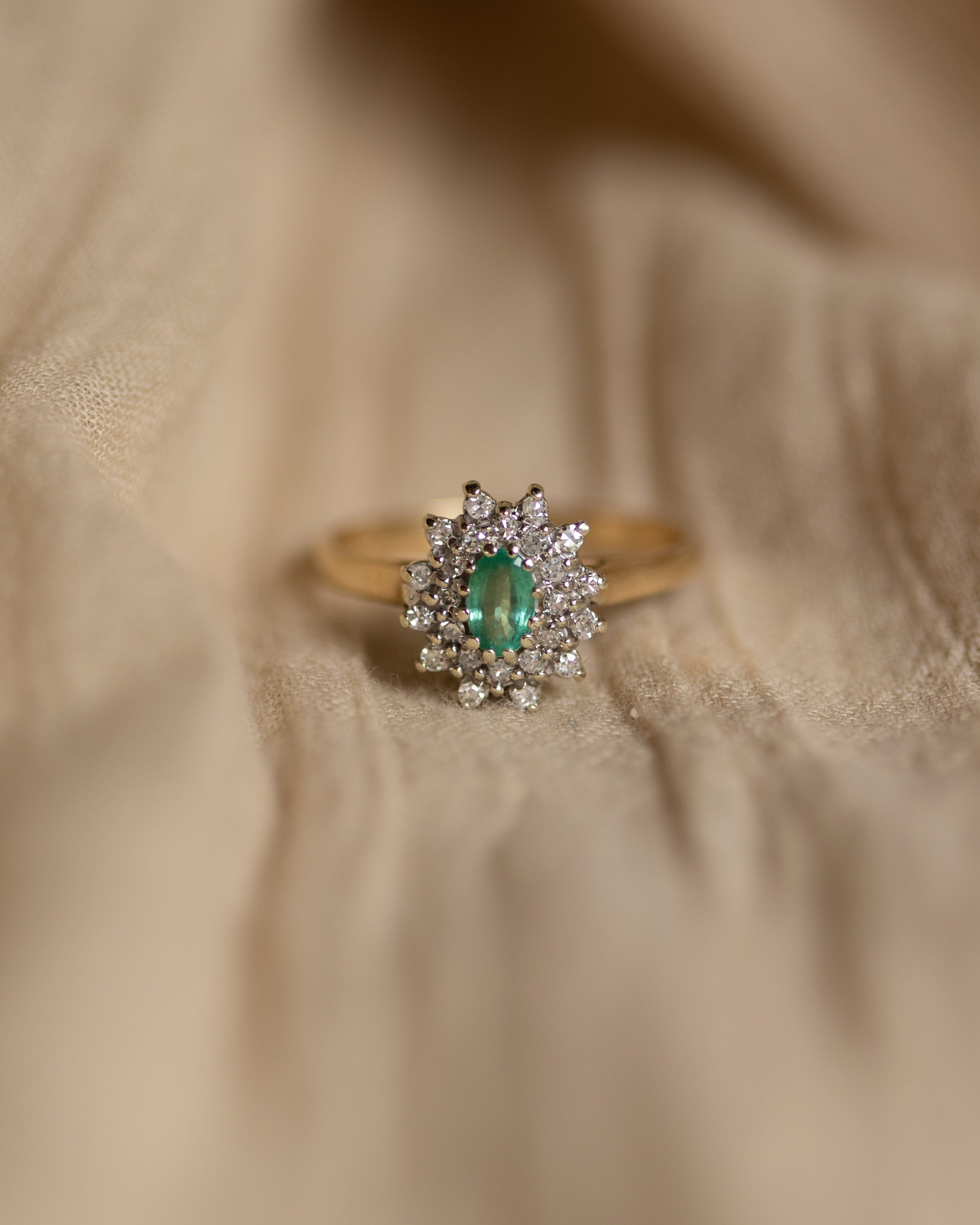 Rowan 1984 Vintage 9ct Gold Emerald & Diamond Cluster Ring