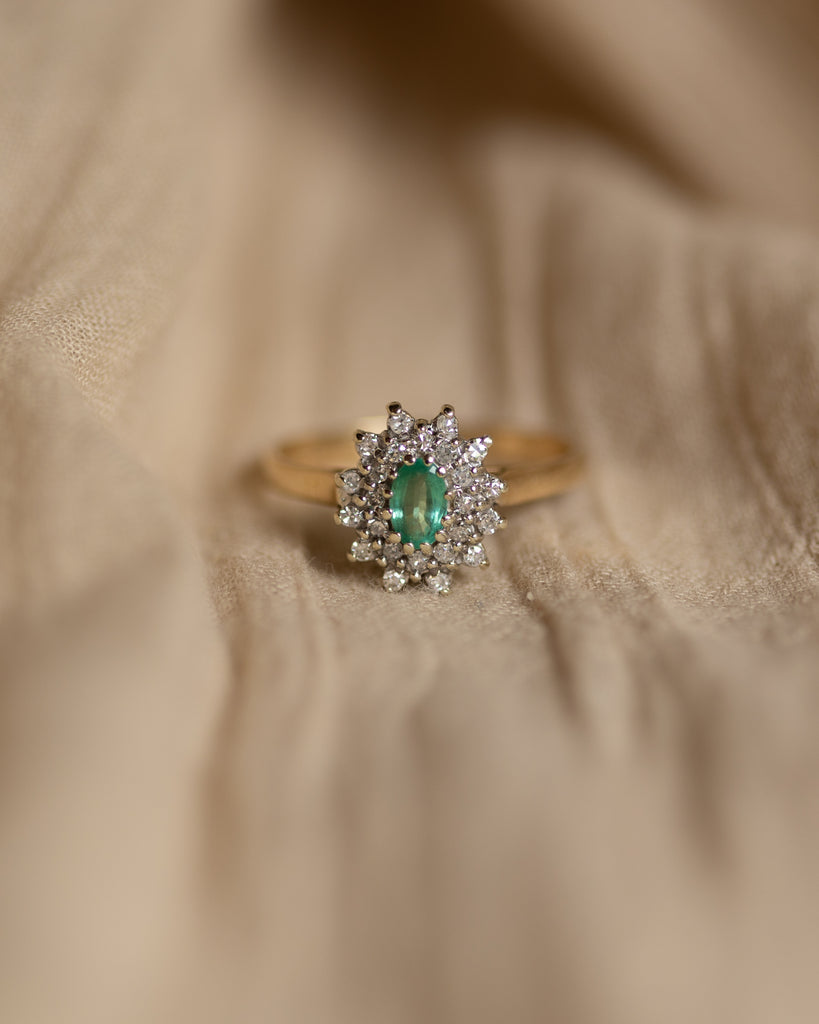 Rowan 1984 Vintage 9ct Gold Emerald & Diamond Cluster Ring