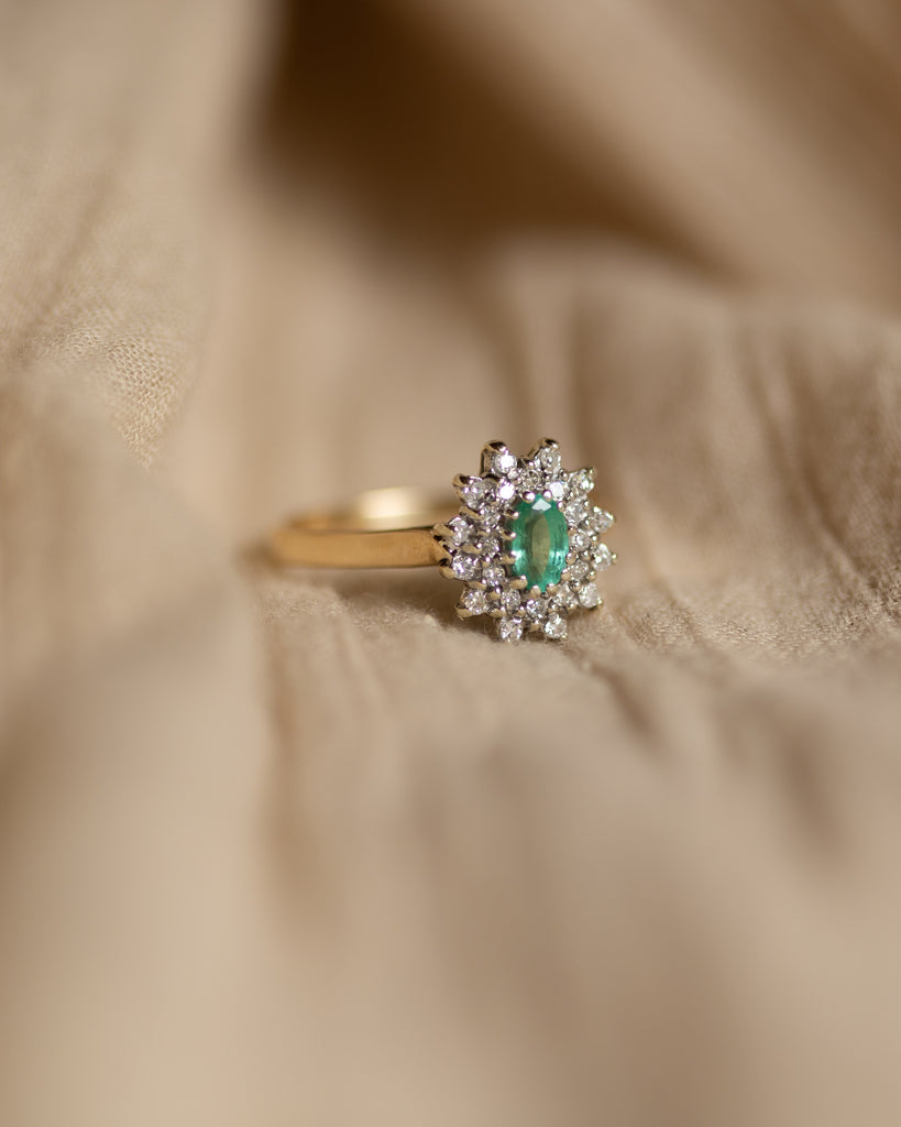 Rowan 1984 Vintage 9ct Gold Emerald & Diamond Cluster Ring