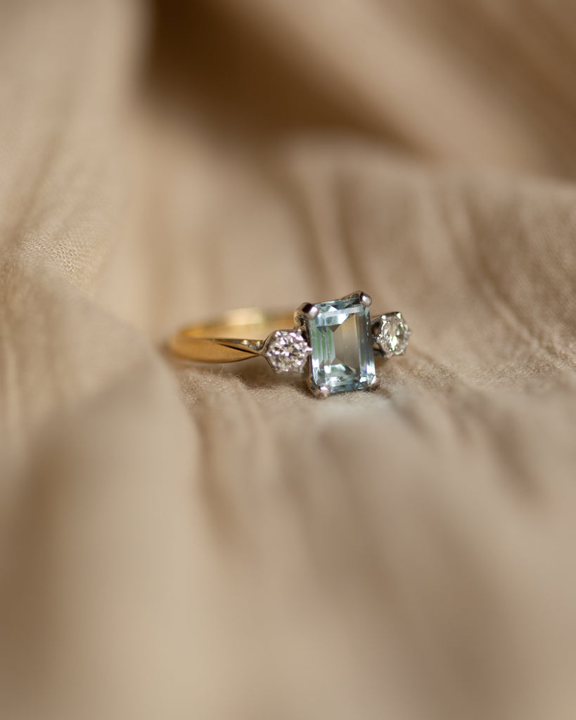 Juniper Vintage 18ct Gold Aquamarine & Diamond Trilogy Ring
