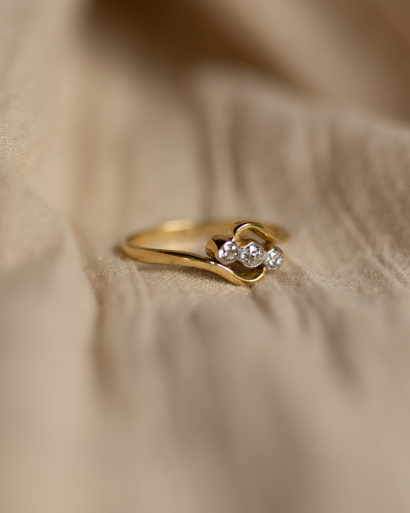 Peony 1979 Vintage 18ct Gold Diamond Crossover Trilogy Ring