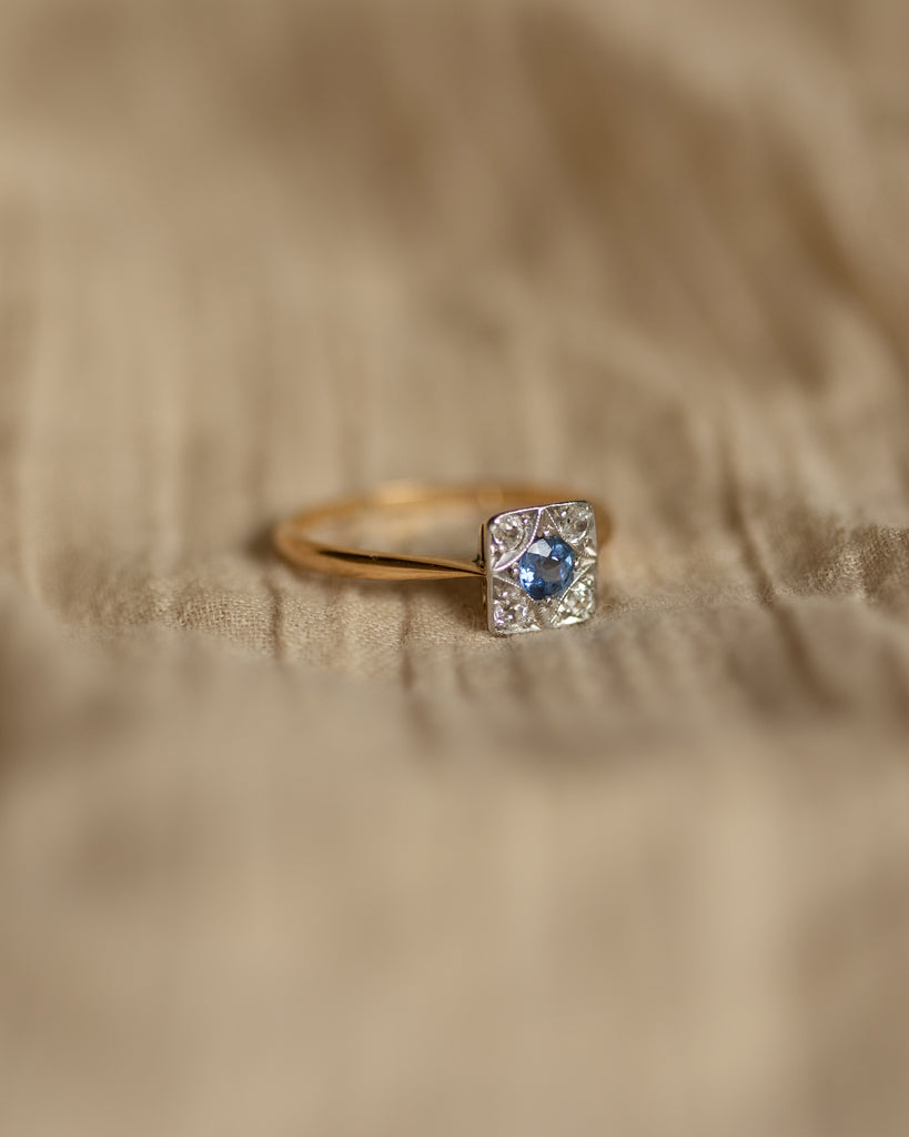 Camille Antique 18ct Gold Sapphire & Diamond Square Cluster Ring