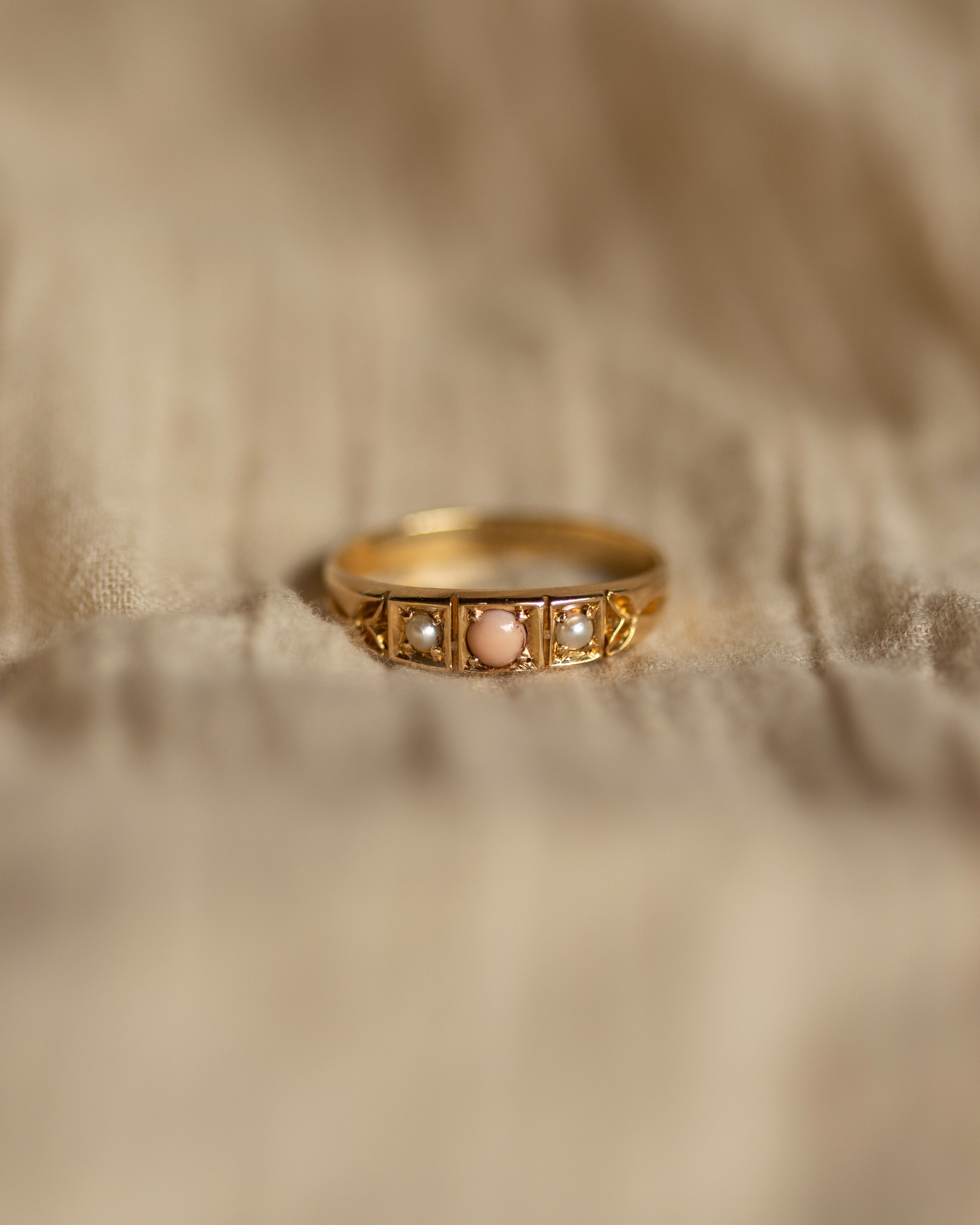 Image of Clothilde 1897 Antique 18ct Gold Coral & Pearl Trilogy Ring