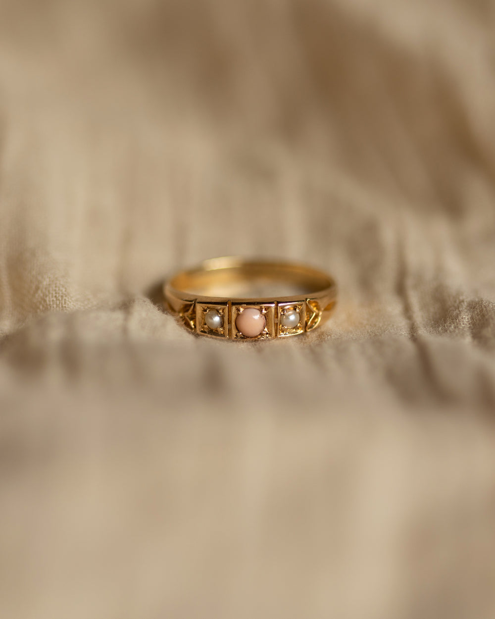 Clothilde 1897 Antique 18ct Gold Coral & Pearl Trilogy Ring