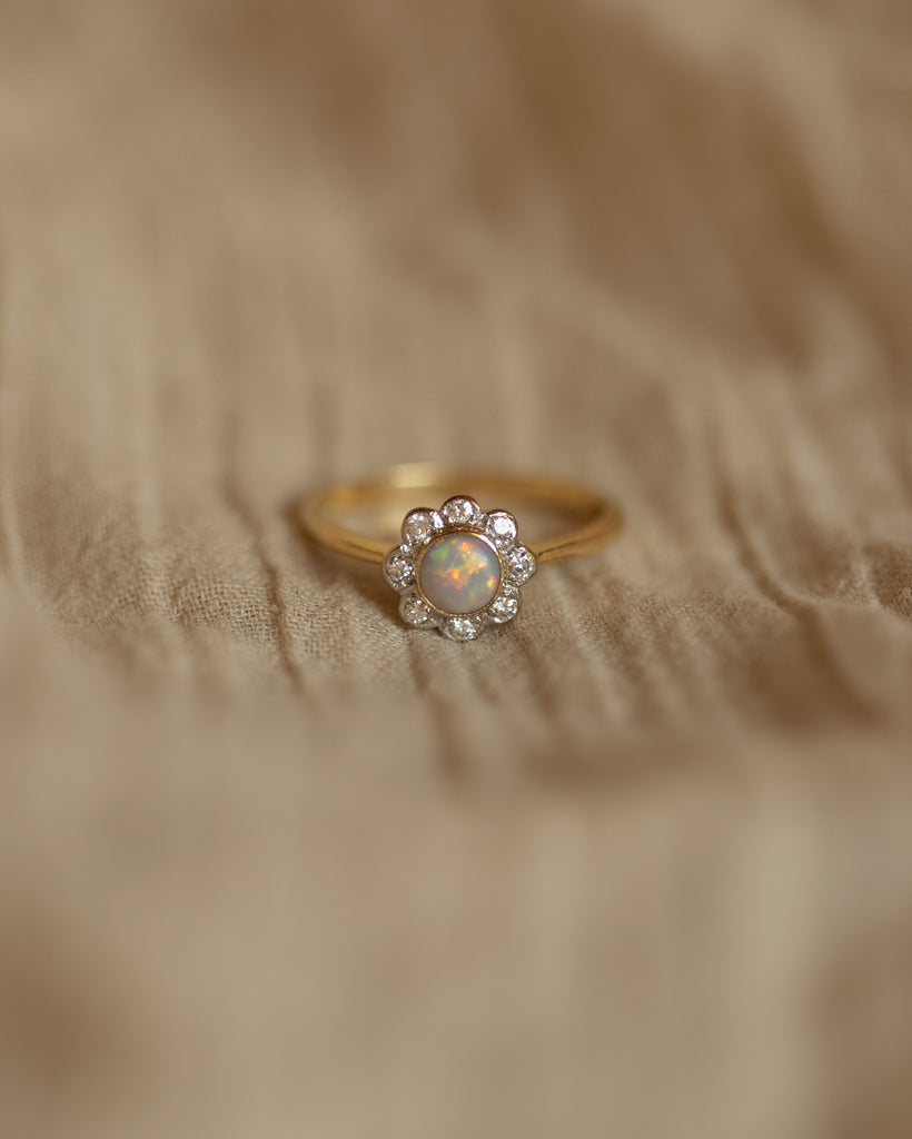 Madeline 1990 Vintage 18ct Gold Opal & Diamond Daisy Cluster Ring