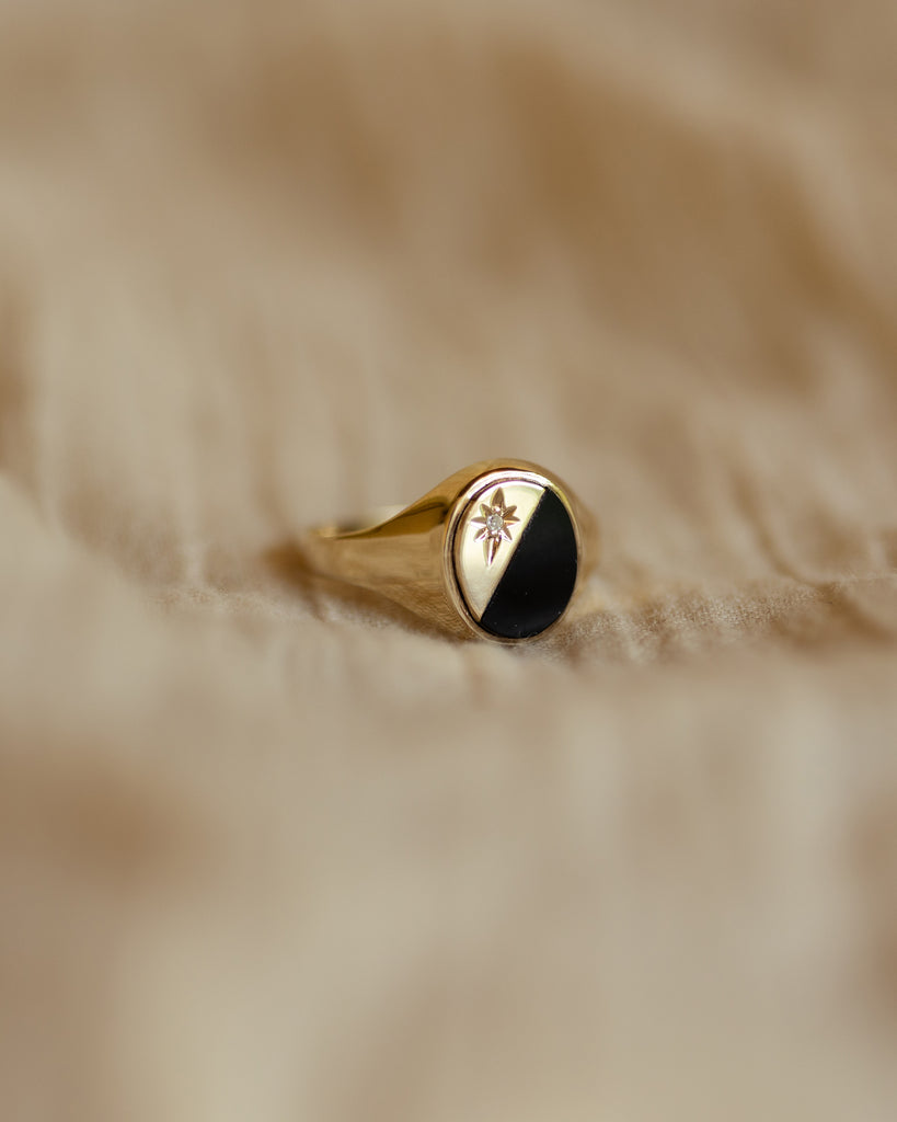 Sabina 1987 Vintage 9ct Gold Black Onyx & Diamond Signet Ring