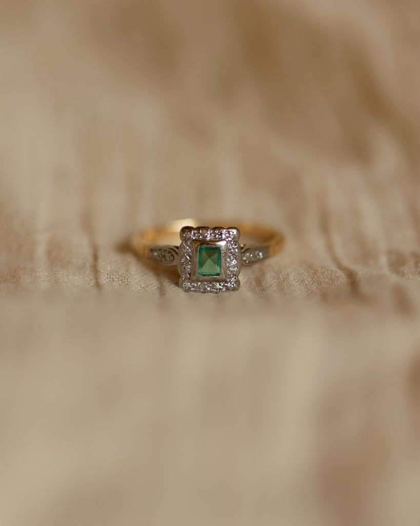 Veronica Vintage 18ct Gold Emerald & Diamond Square Cluster Ring