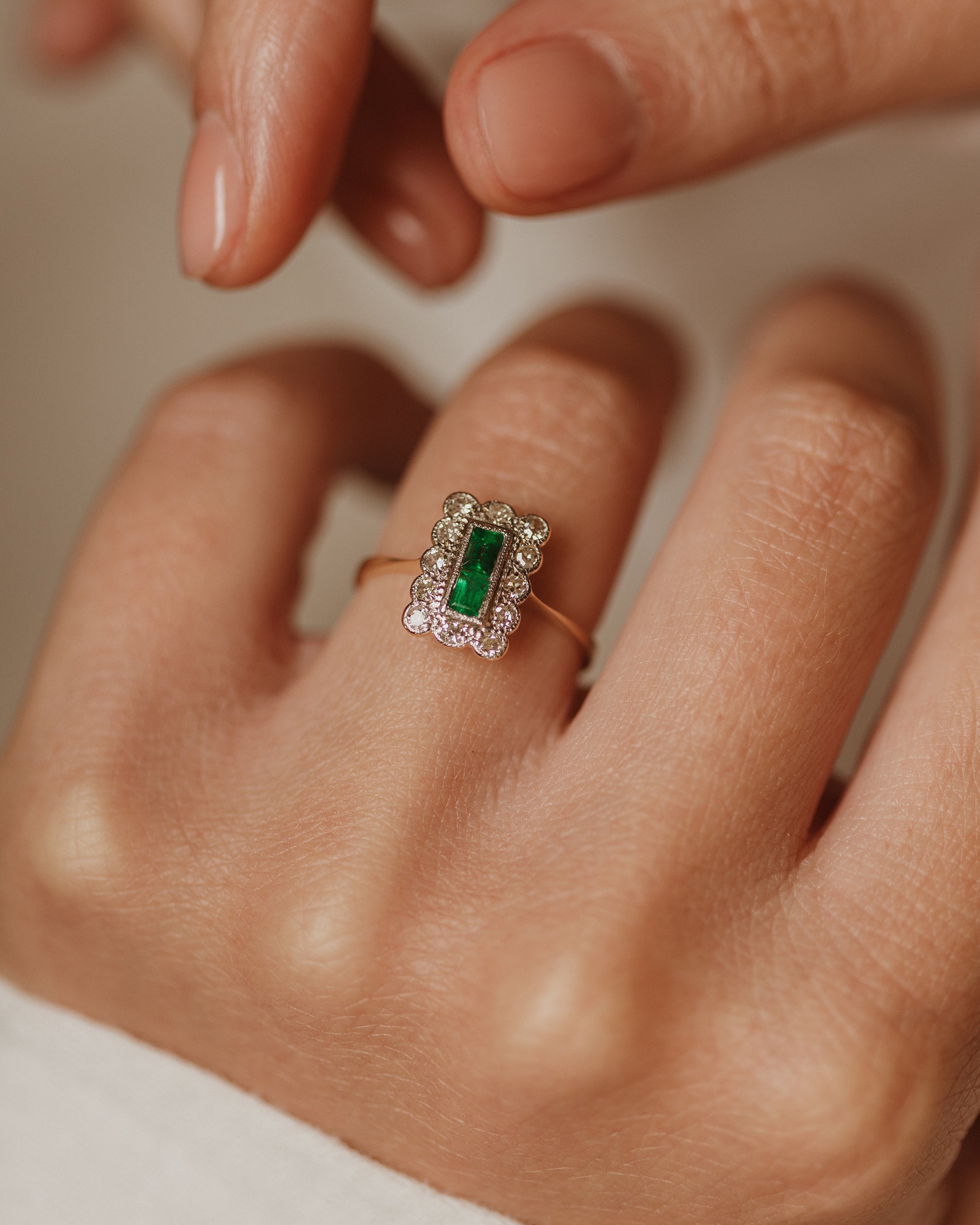 Image of Alma Antique Art Deco 18ct Gold Emerald & Diamond Cluster Ring