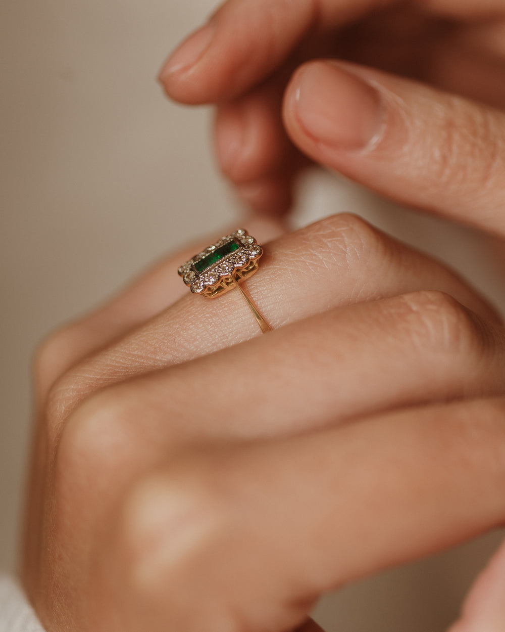 Alma Antique Art Deco 18ct Gold Emerald & Diamond Cluster Ring
