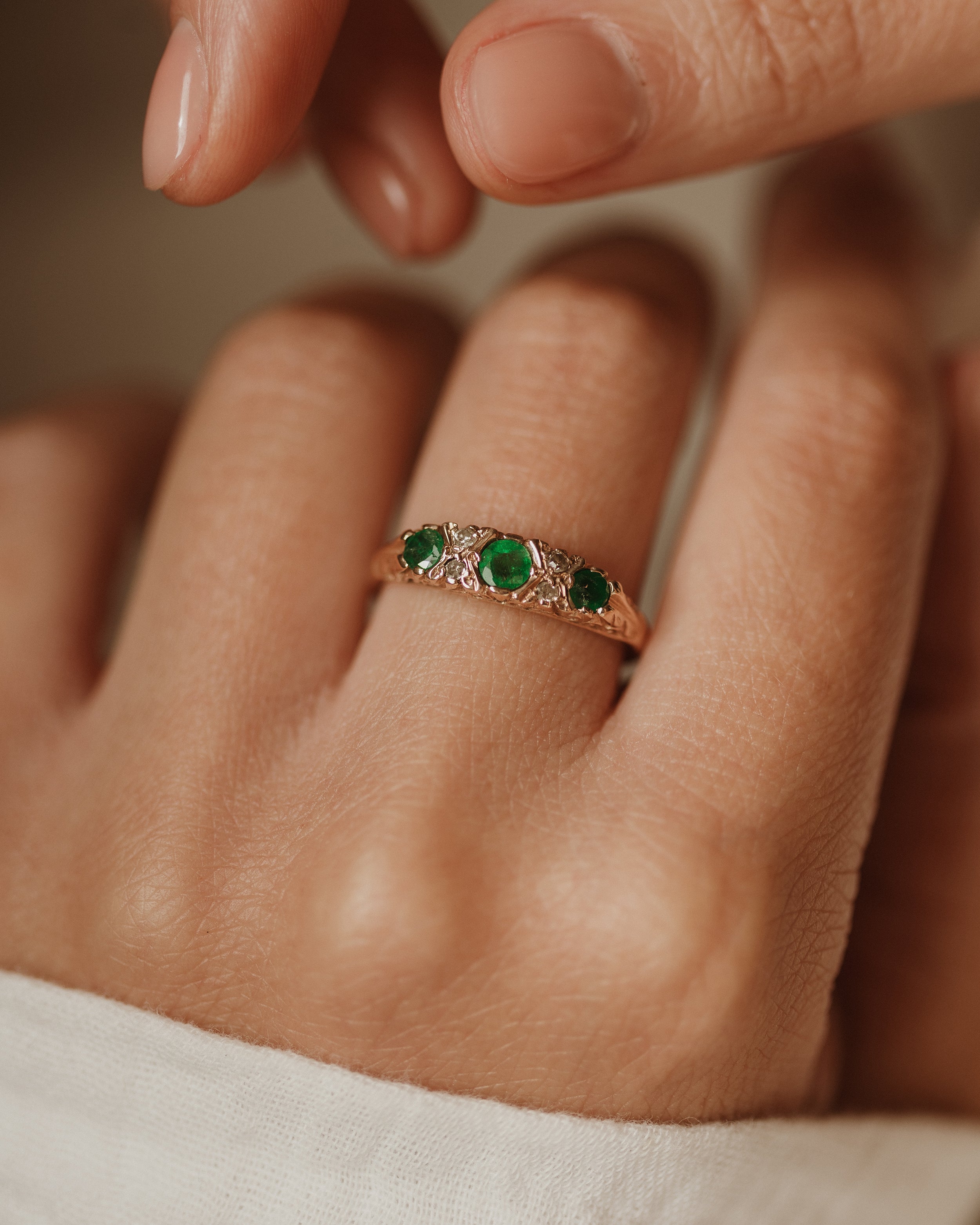 Image of Martha 1985 Vintage 9ct Gold Emerald & Diamond Seven Stone Ring