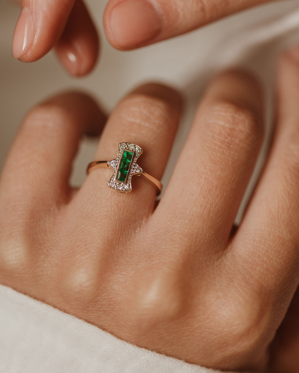 Claudine Vintage 14ct Gold Emerald & Diamond Panel Ring