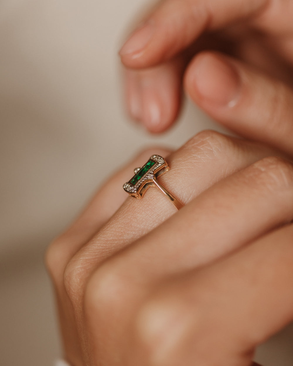 Claudine Vintage 14ct Gold Emerald & Diamond Panel Ring