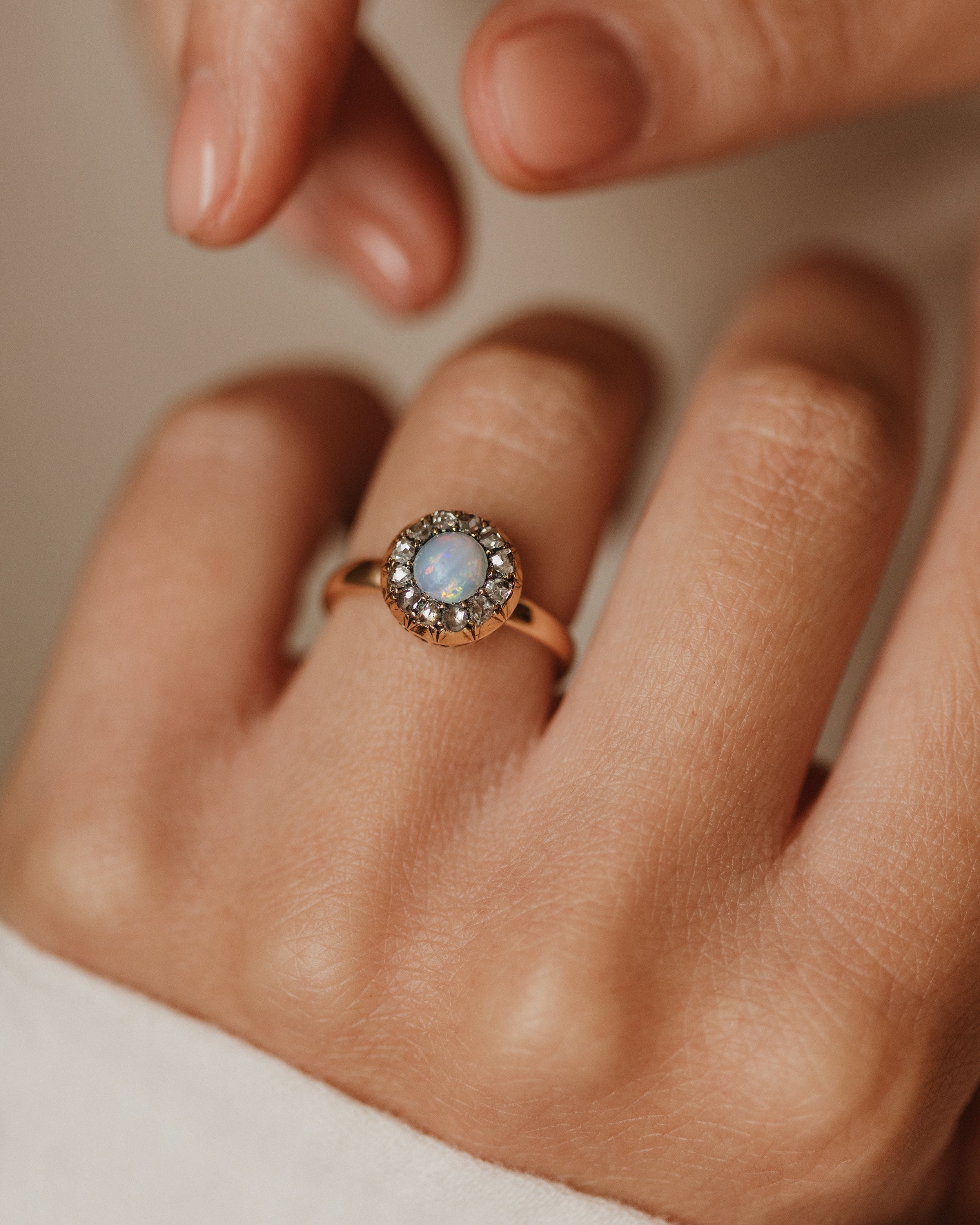 Image of Leonora Antique 18ct Gold Opal & Diamond Cluster Ring