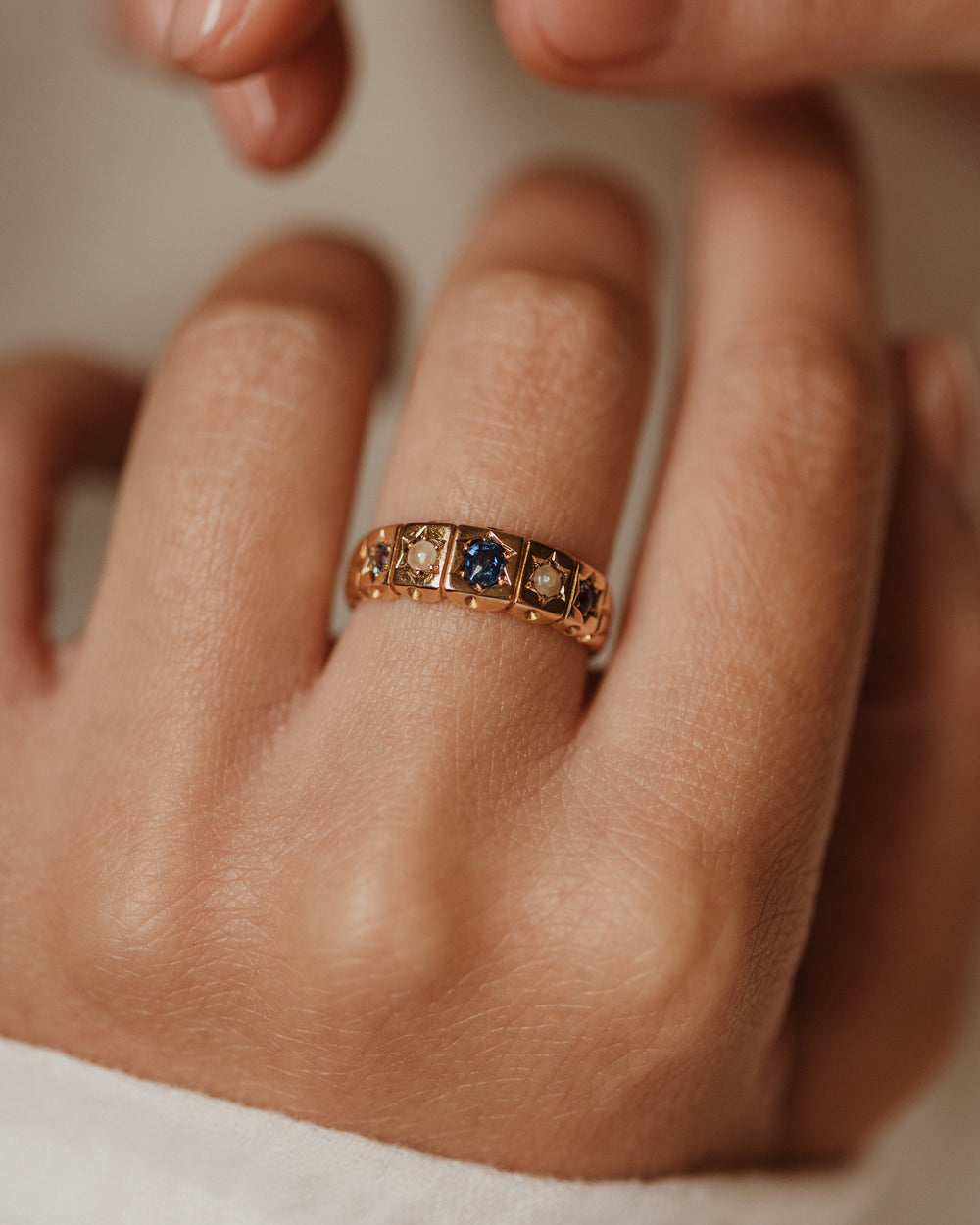 Audrey 1894 Antique 15ct Gold Sapphire & Pearl Five Stone Ring