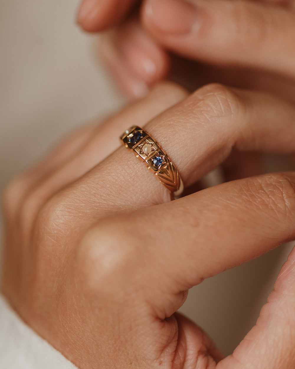Audrey 1894 Antique 15ct Gold Sapphire & Pearl Five Stone Ring