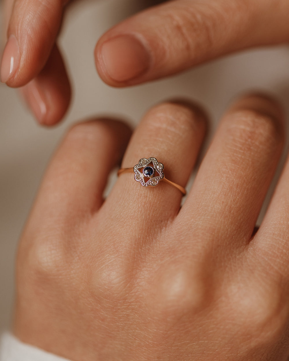 Cecily Antique Art Deco 18ct Gold Sapphire & Diamond Cluster Ring