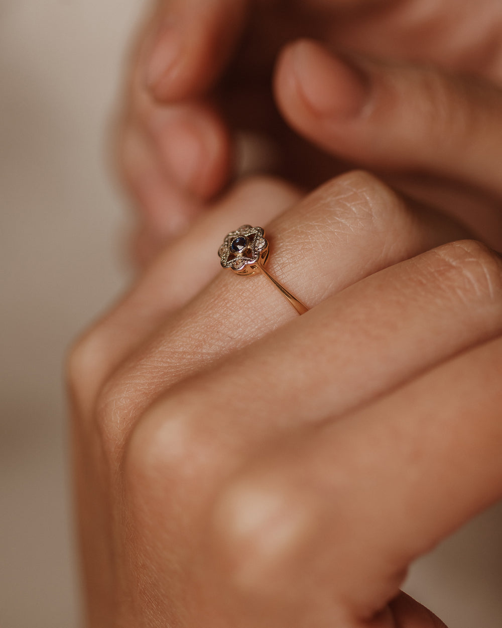 Cecily Antique Art Deco 18ct Gold Sapphire & Diamond Cluster Ring