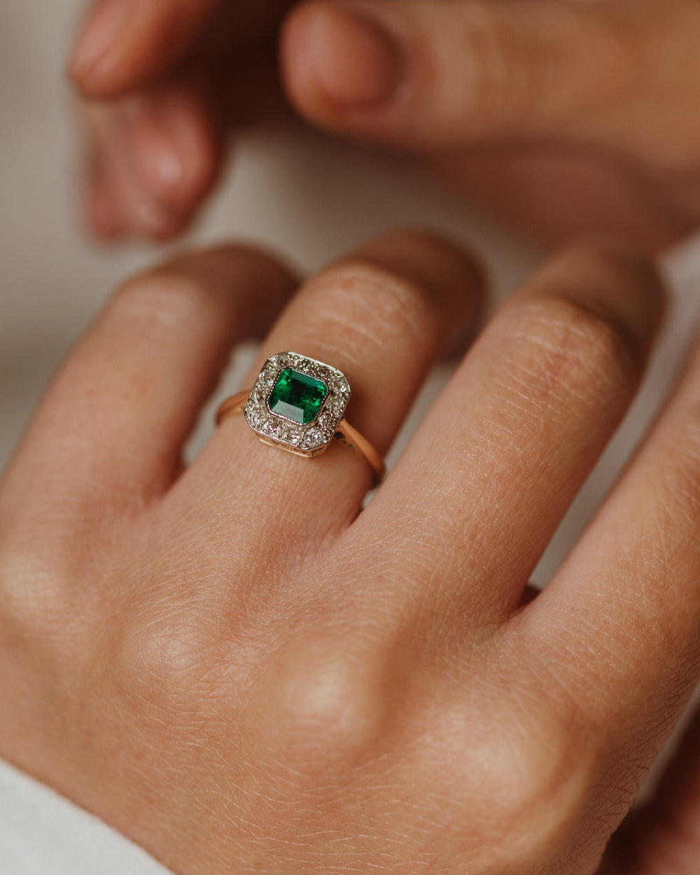 Eloise Antique 18ct Gold Emerald & Diamond Cluster Ring