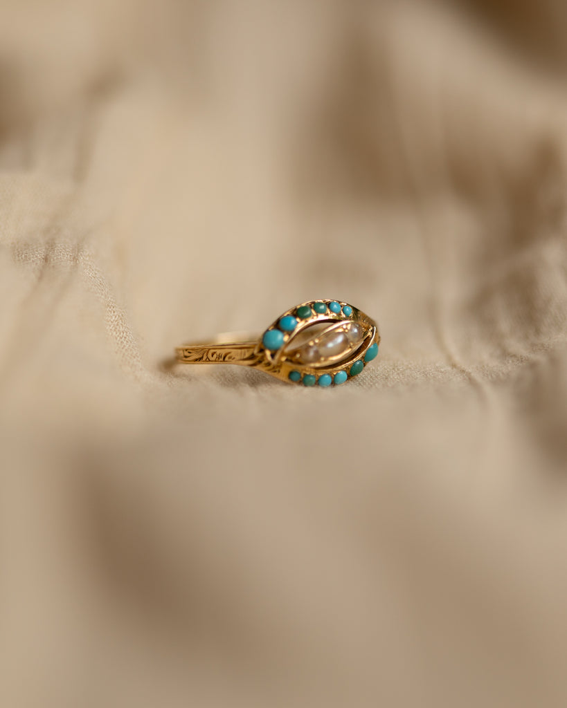 Edith Antique 18ct Gold Turquoise & Pearl Ring